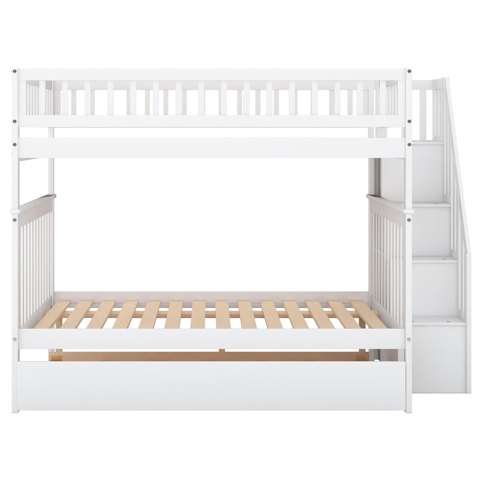 Full over Full Bunk Bed with Twin Size Trundle andStorage Staircase - White