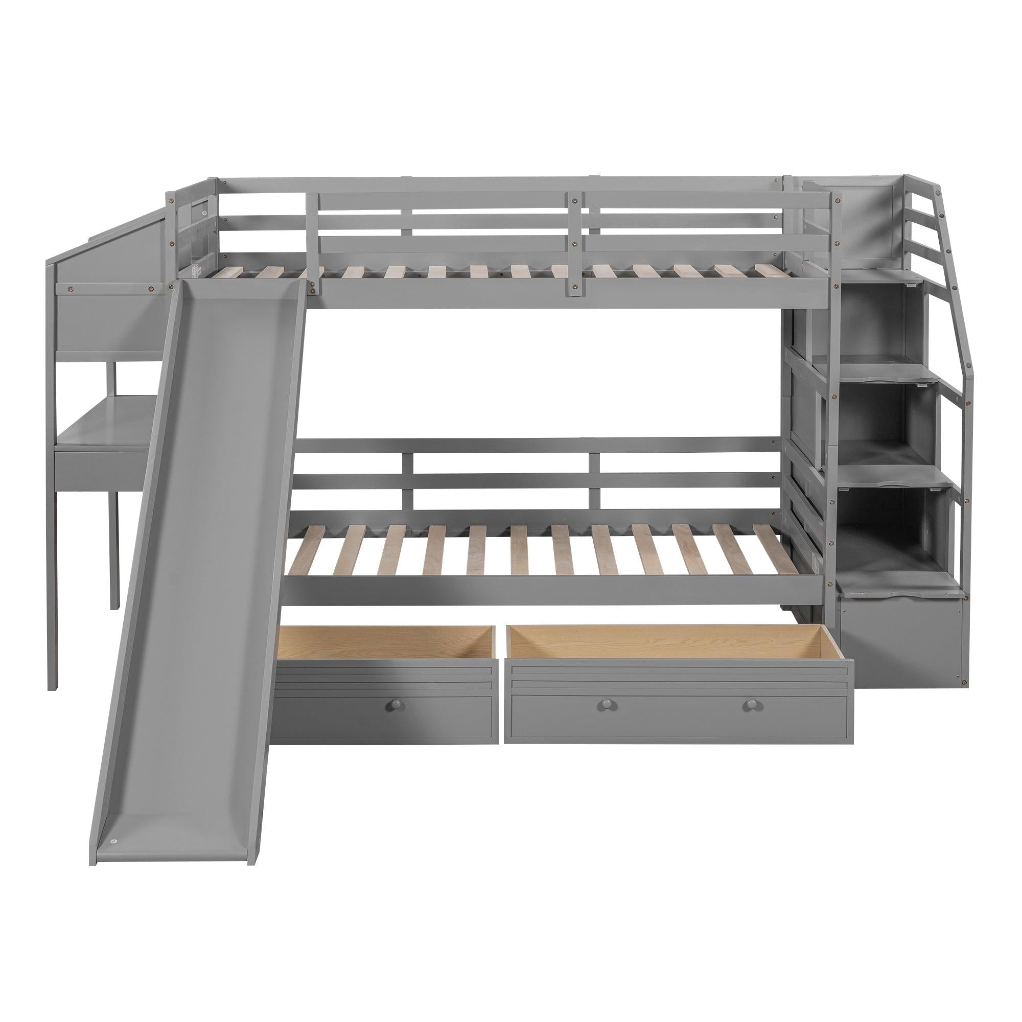 Twin over Twin Bunk Bed withStorage Staircase, Slide, Drawers and Desk with Drawers and Shelves - Gray