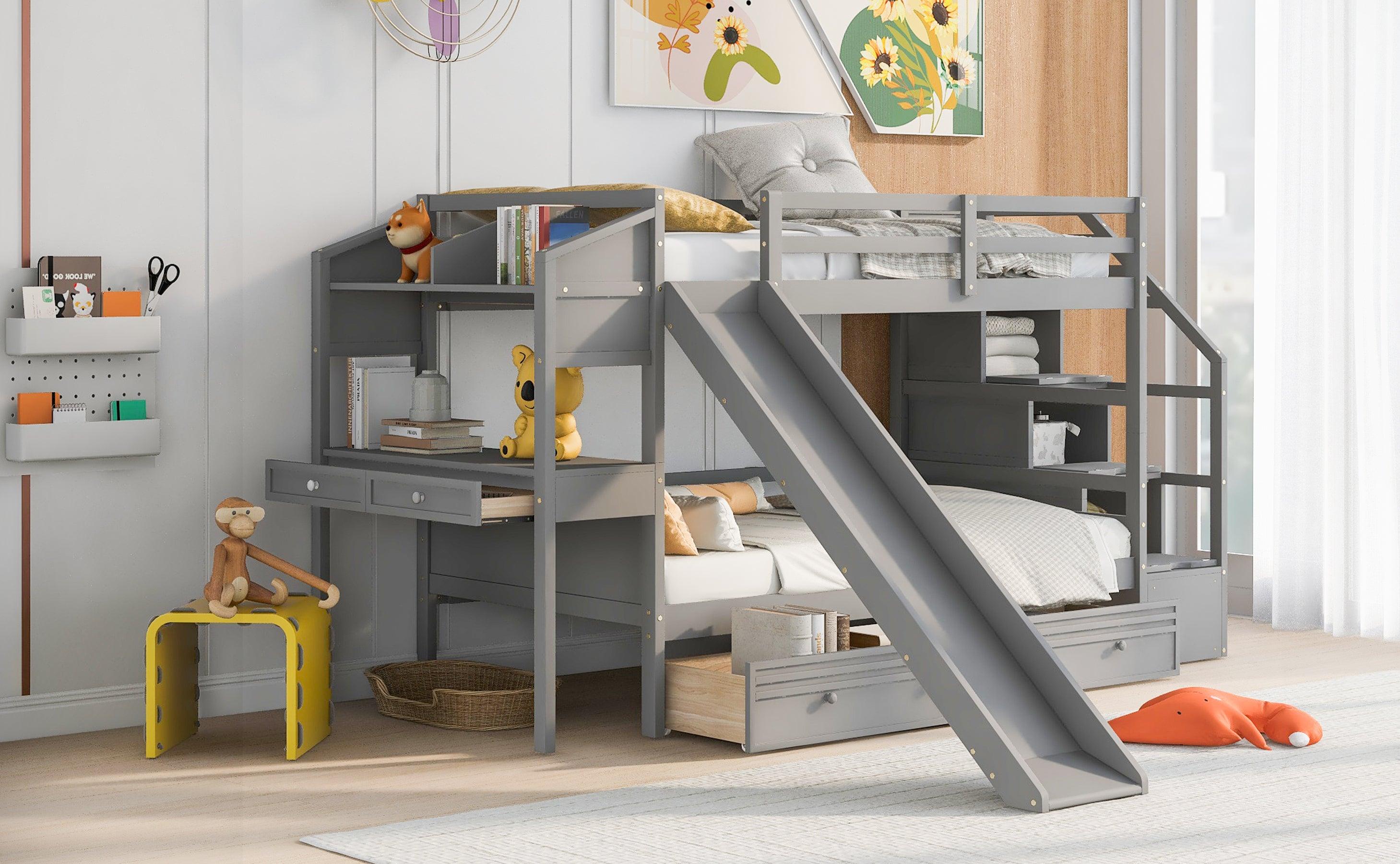 Twin over Twin Bunk Bed withStorage Staircase, Slide, Drawers and Desk with Drawers and Shelves - Gray