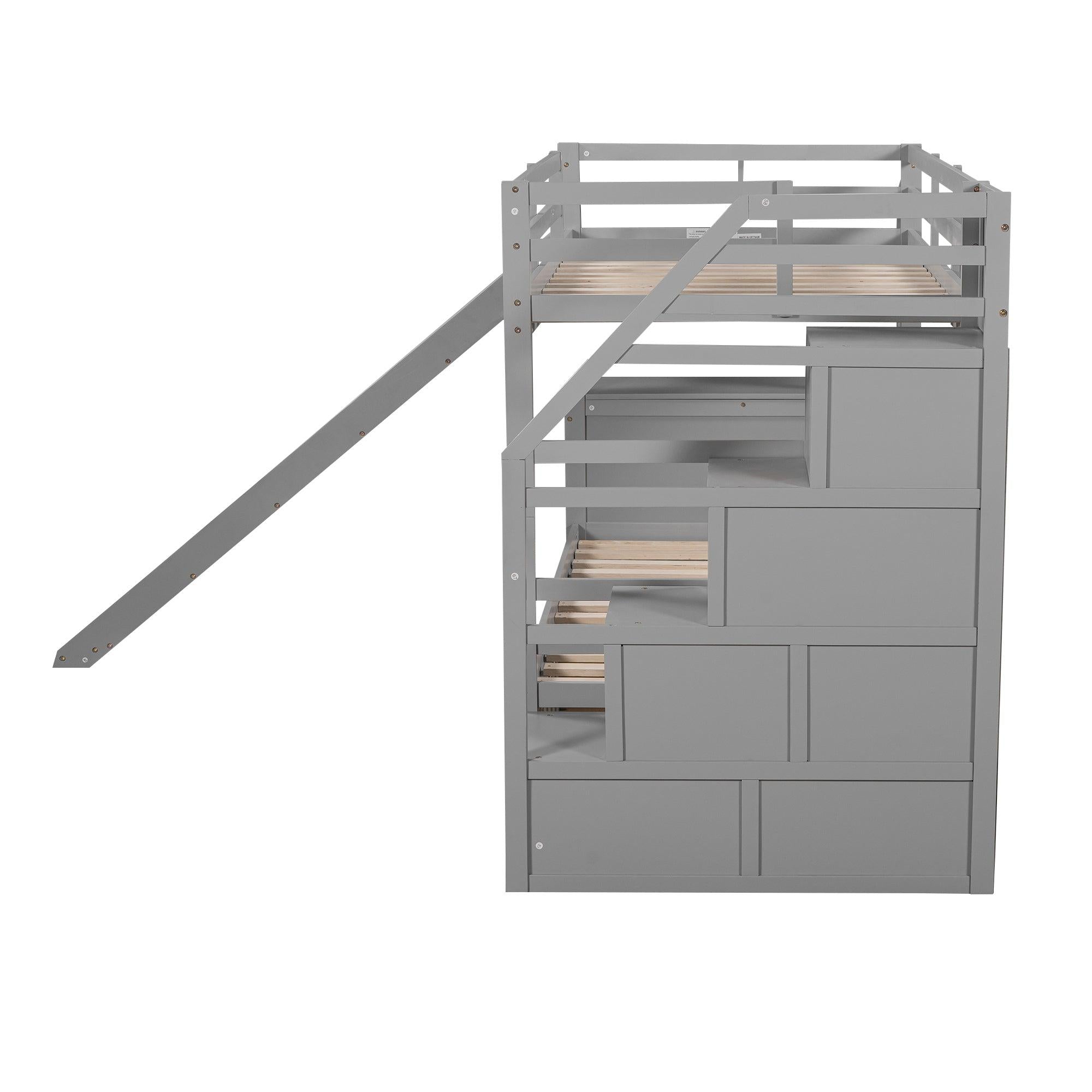 Twin over Twin Bunk Bed withStorage Staircase, Slide, Drawers and Desk with Drawers and Shelves - Gray