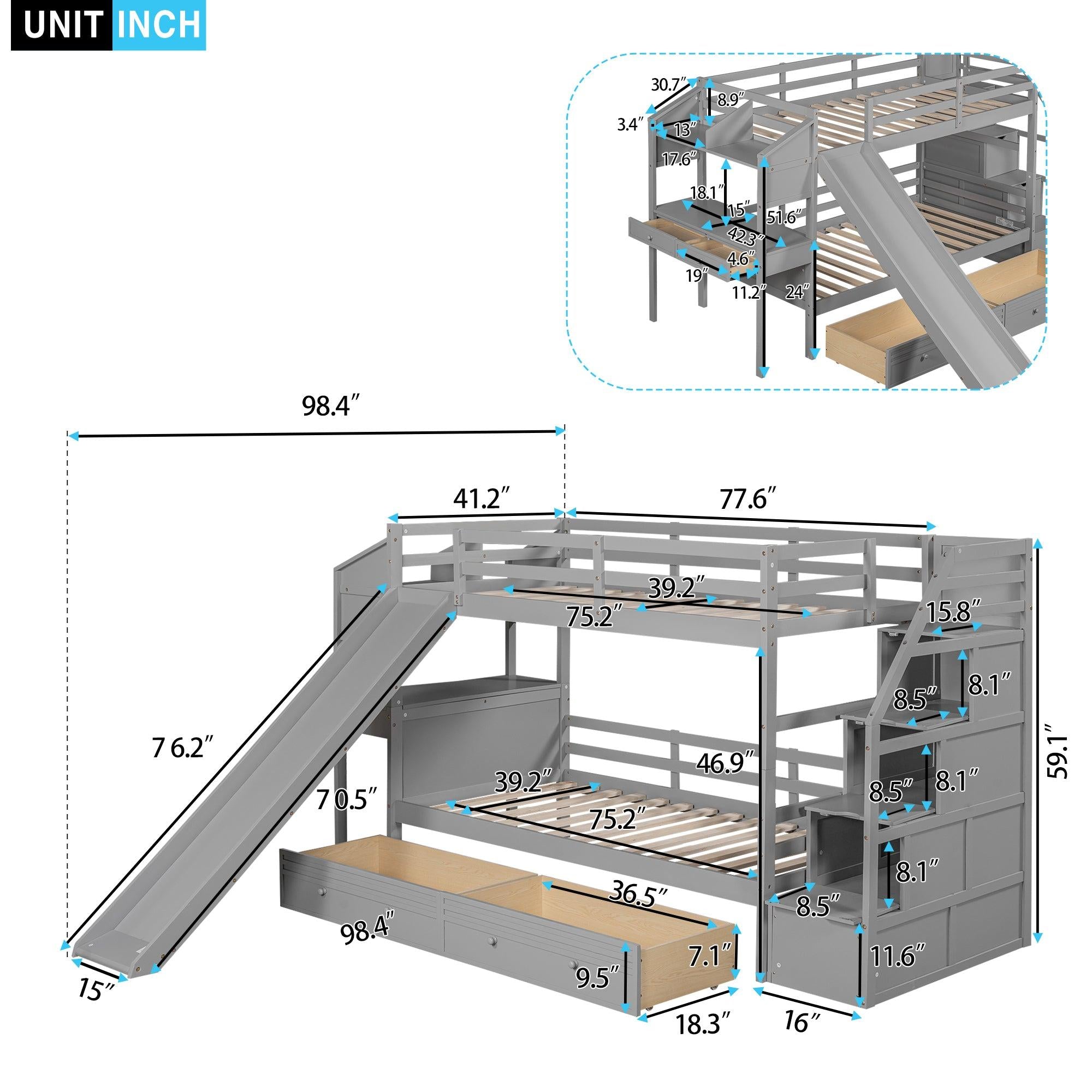 Twin over Twin Bunk Bed withStorage Staircase, Slide, Drawers and Desk with Drawers and Shelves - Gray