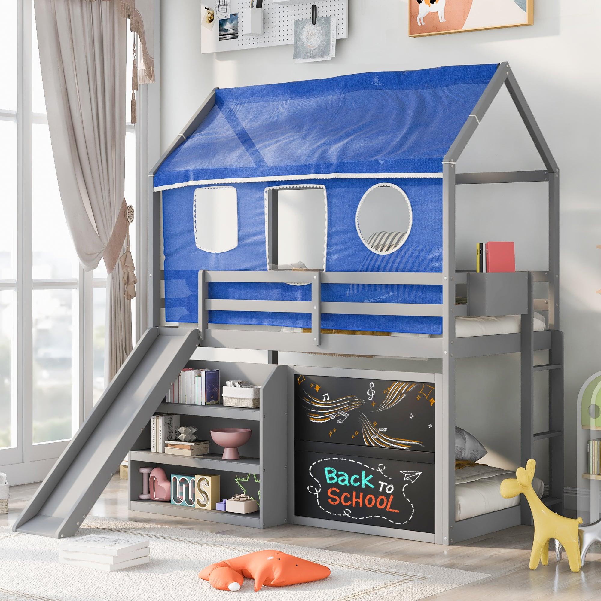 Twin over Twin House Shaped Bunk Bed with Blue Ten, Slide, Shelves and Blackboard - Gray image