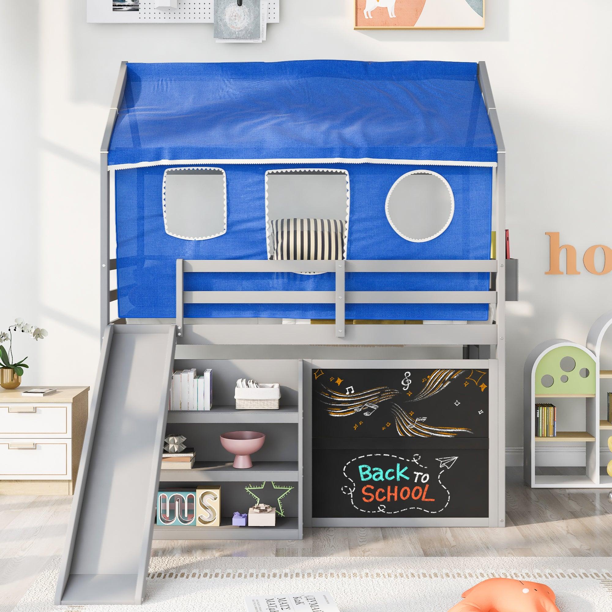 Twin over Twin House Shaped Bunk Bed with Blue Ten, Slide, Shelves and Blackboard - Gray