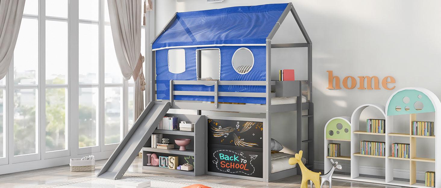 Twin over Twin House Shaped Bunk Bed with Blue Ten, Slide, Shelves and Blackboard - Gray