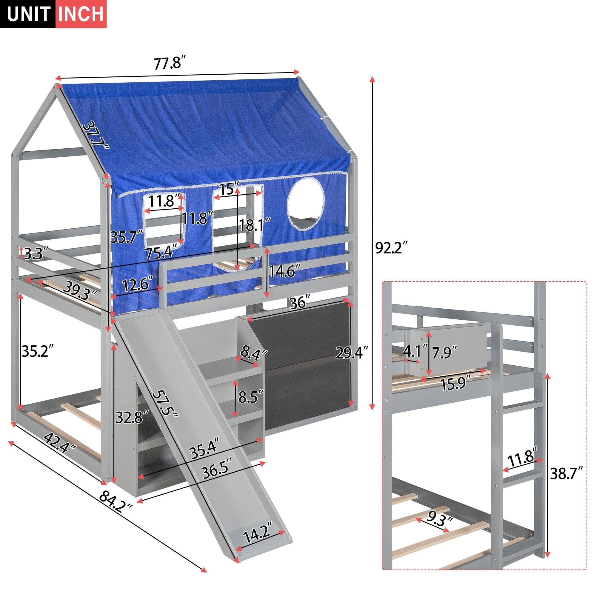 Twin over Twin House Shaped Bunk Bed with Blue Ten, Slide, Shelves and Blackboard - Gray