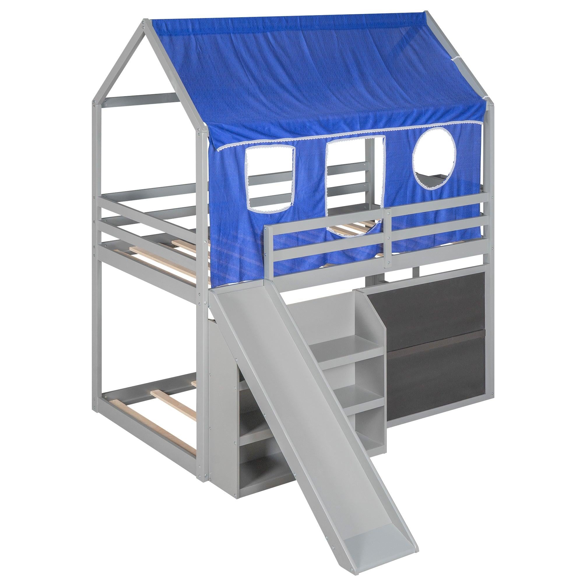 Twin over Twin House Shaped Bunk Bed with Blue Ten, Slide, Shelves and Blackboard - Gray