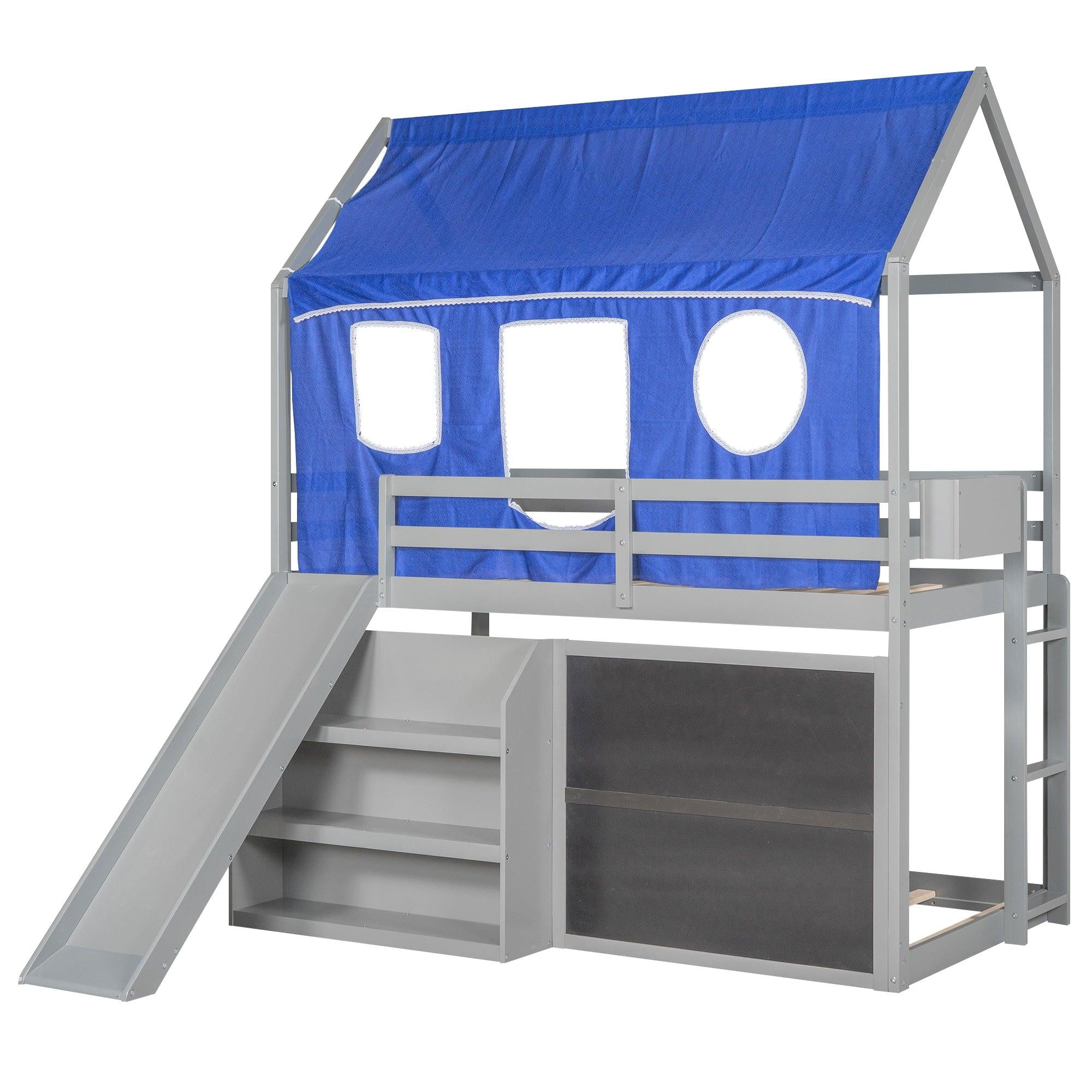 Twin over Twin House Shaped Bunk Bed with Blue Ten, Slide, Shelves and Blackboard - Gray