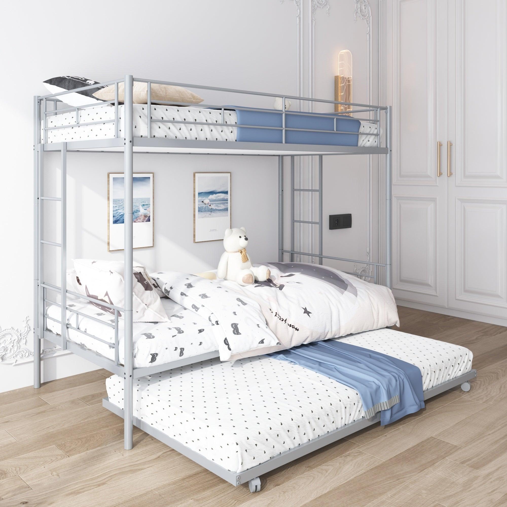 Twin over Twin Metal Bunk Bed with 2 Side Ladders, Safety Guard Rails and Twin Size Trundle Bed - Silver