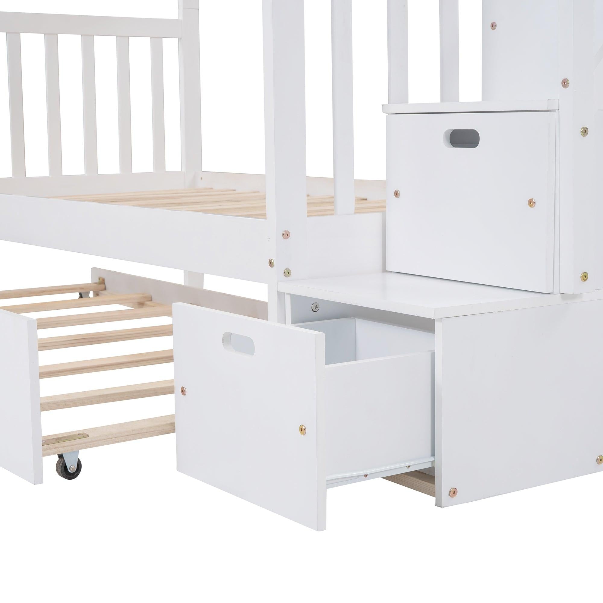 Twin over Twin or Twin over Full Convertible Bunk Bed withStorage Drawers and Twin Size Trundle Bed - White