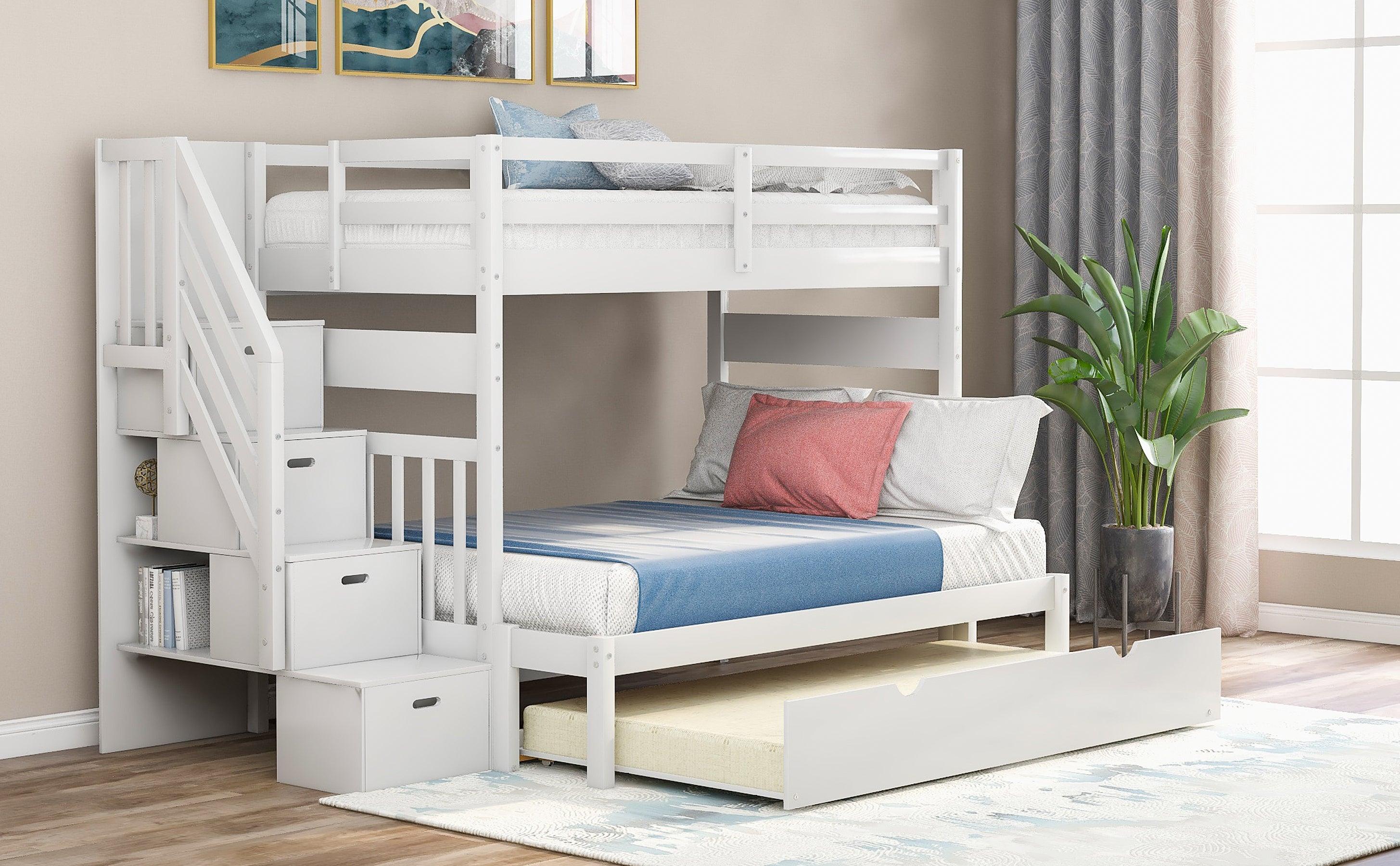 Twin over Twin or Twin over Full Convertible Bunk Bed withStorage Drawers and Twin Size Trundle Bed - White