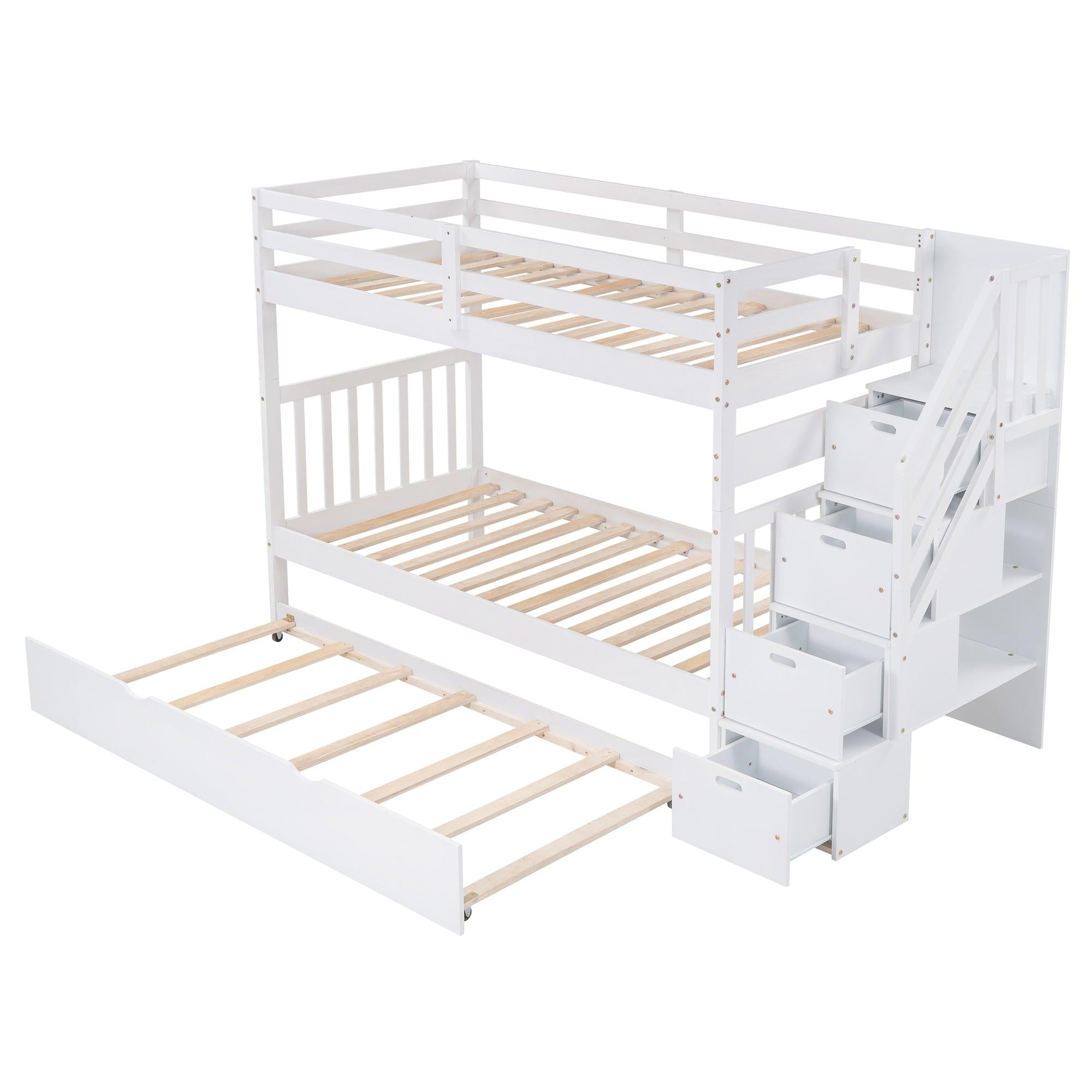 Twin over Twin or Twin over Full Convertible Bunk Bed withStorage Drawers and Twin Size Trundle Bed - White