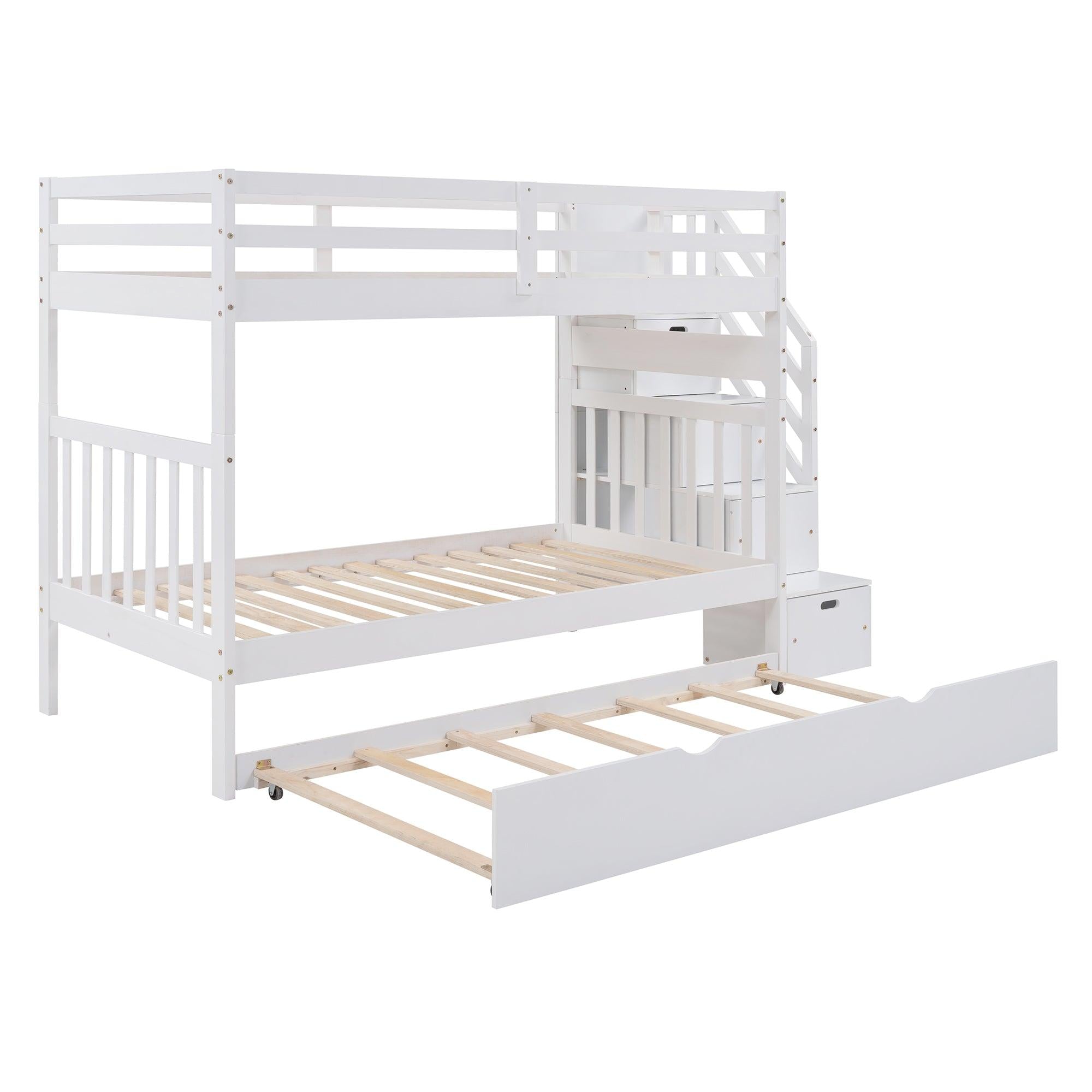 Twin over Twin or Twin over Full Convertible Bunk Bed withStorage Drawers and Twin Size Trundle Bed - White