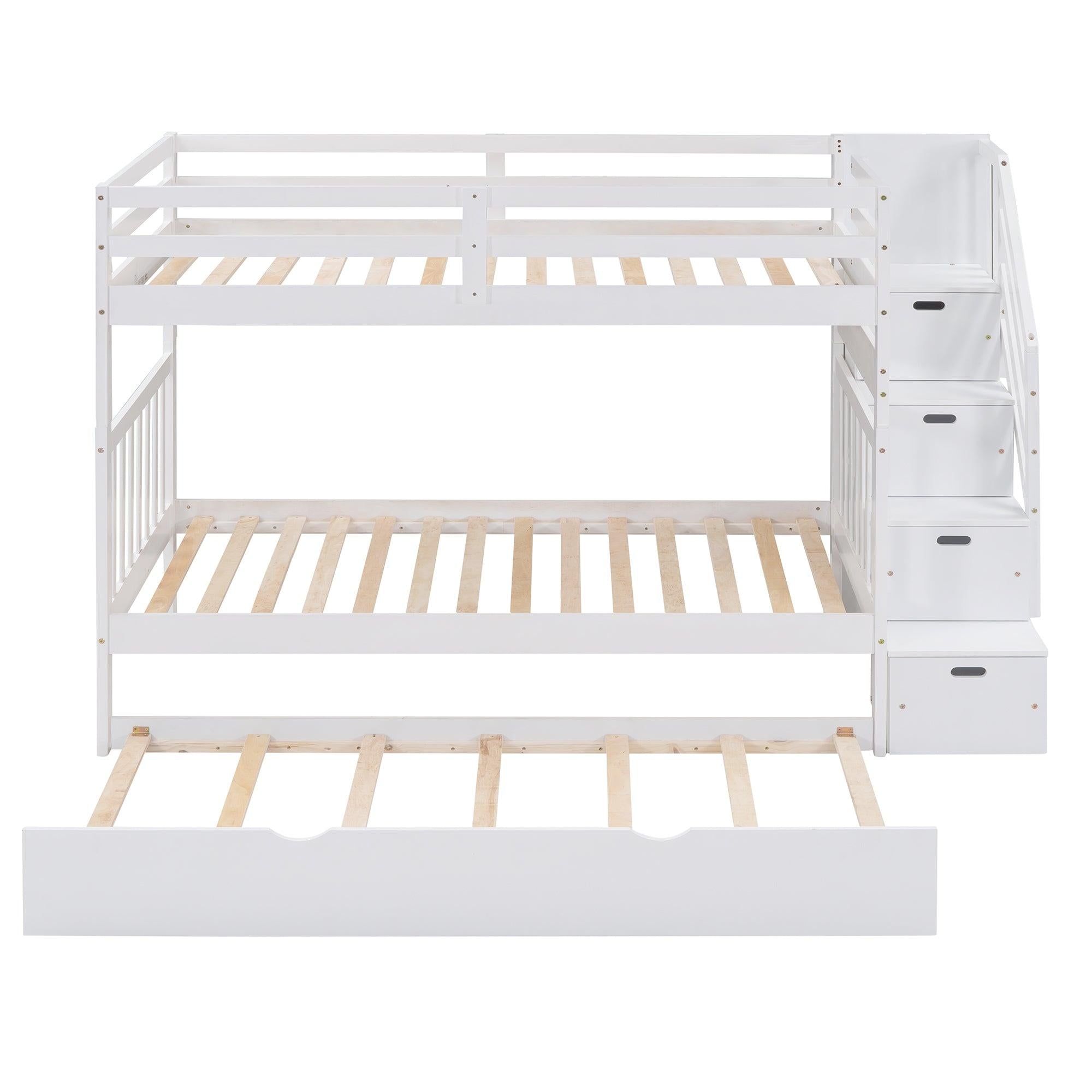 Twin over Twin or Twin over Full Convertible Bunk Bed withStorage Drawers and Twin Size Trundle Bed - White