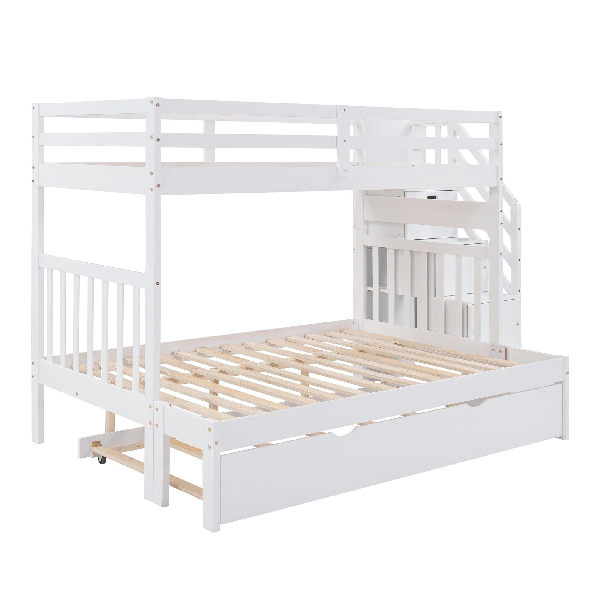 Twin over Twin or Twin over Full Convertible Bunk Bed withStorage Drawers and Twin Size Trundle Bed - White