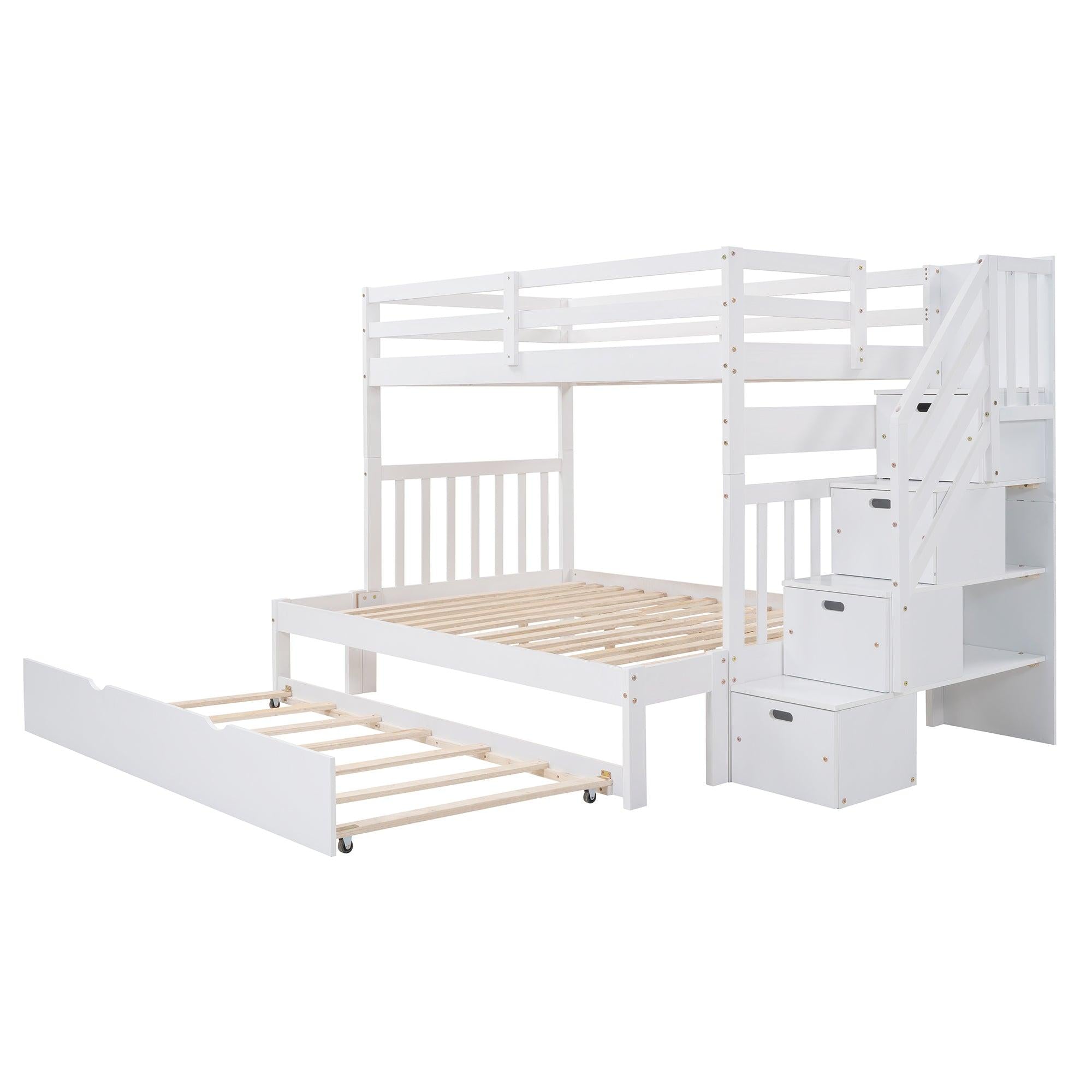 Twin over Twin or Twin over Full Convertible Bunk Bed withStorage Drawers and Twin Size Trundle Bed - White