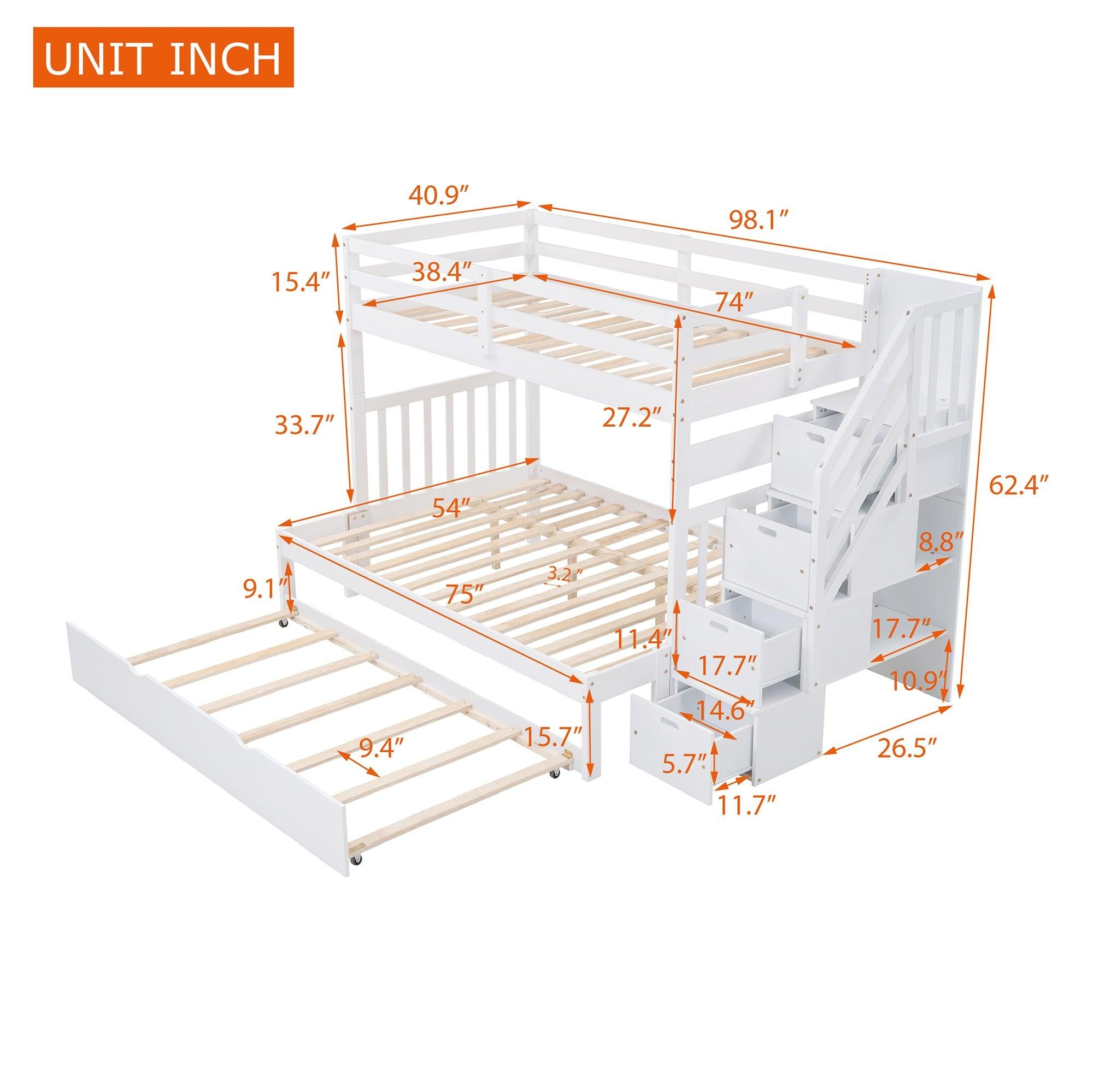 Twin over Twin or Twin over Full Convertible Bunk Bed withStorage Drawers and Twin Size Trundle Bed - White