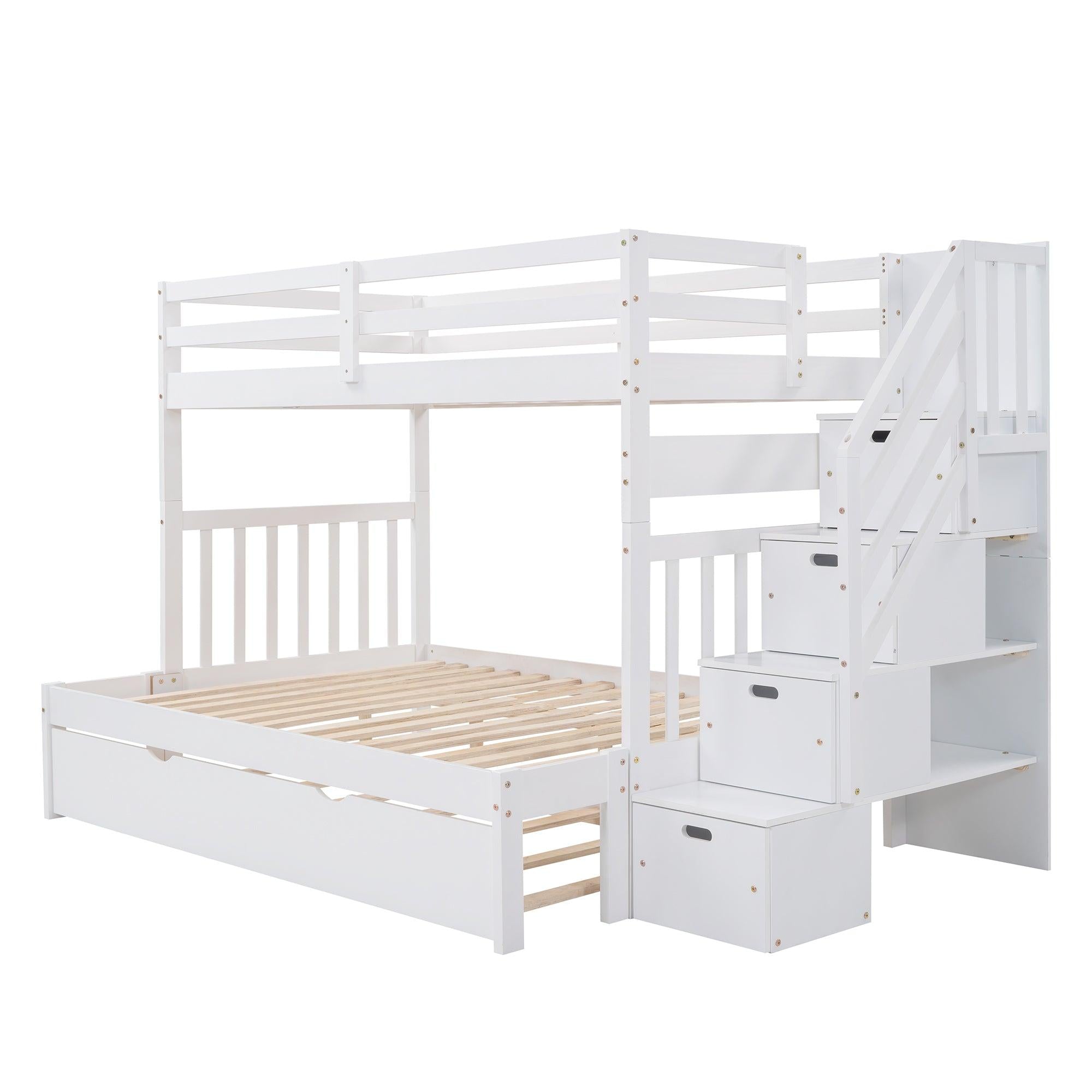 Twin over Twin or Twin over Full Convertible Bunk Bed withStorage Drawers and Twin Size Trundle Bed - White