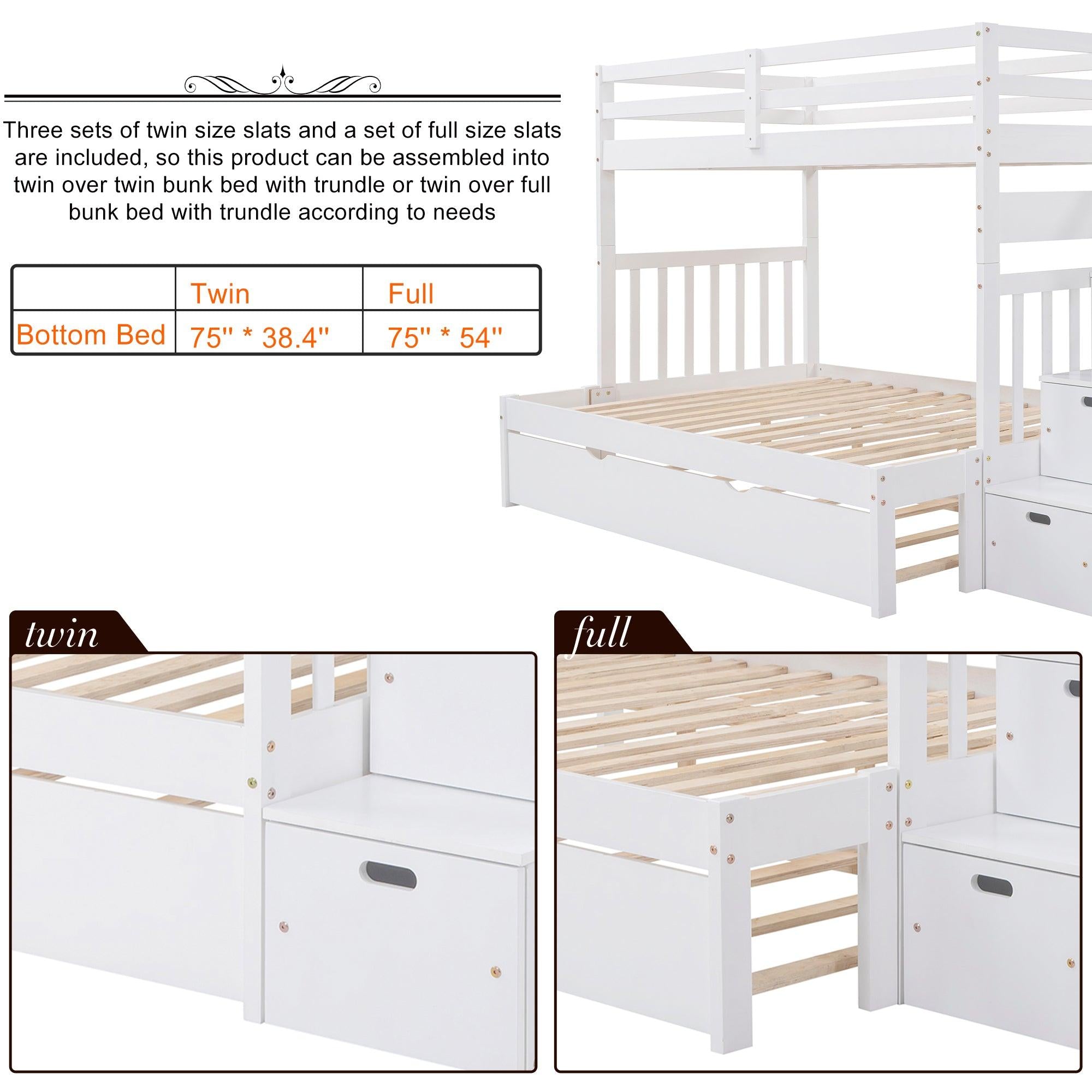 Twin over Twin or Twin over Full Convertible Bunk Bed withStorage Drawers and Twin Size Trundle Bed - White