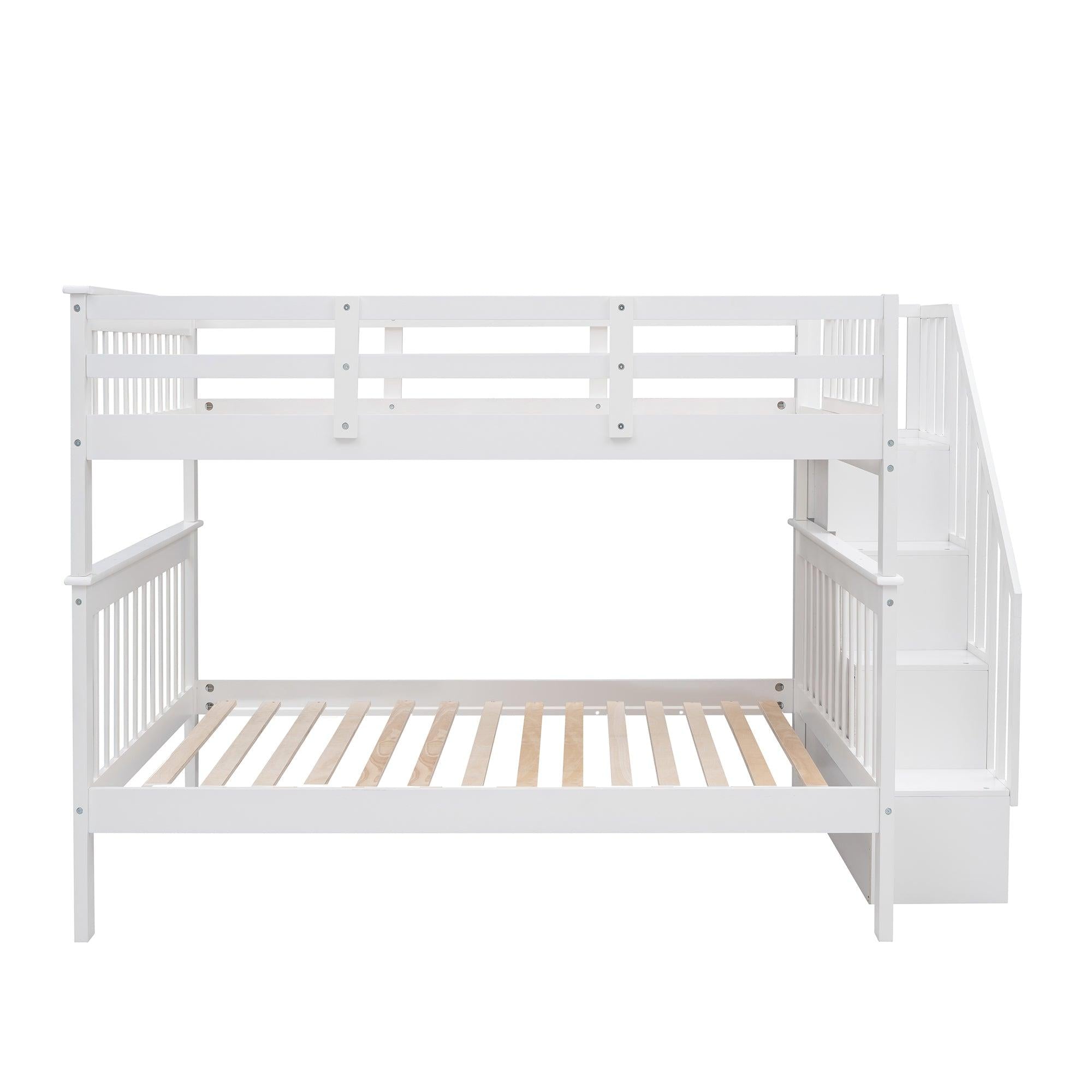 Full over Full Bunk Bed withStorage Staircase and Guard Rail - White