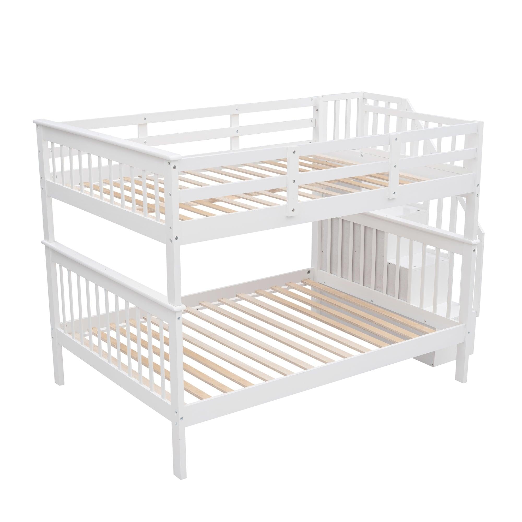 Full over Full Bunk Bed withStorage Staircase and Guard Rail - White