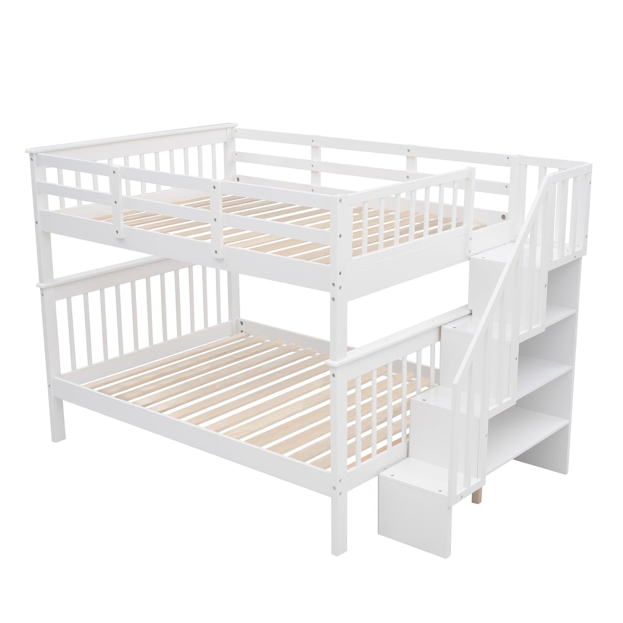 Full over Full Bunk Bed withStorage Staircase and Guard Rail - White