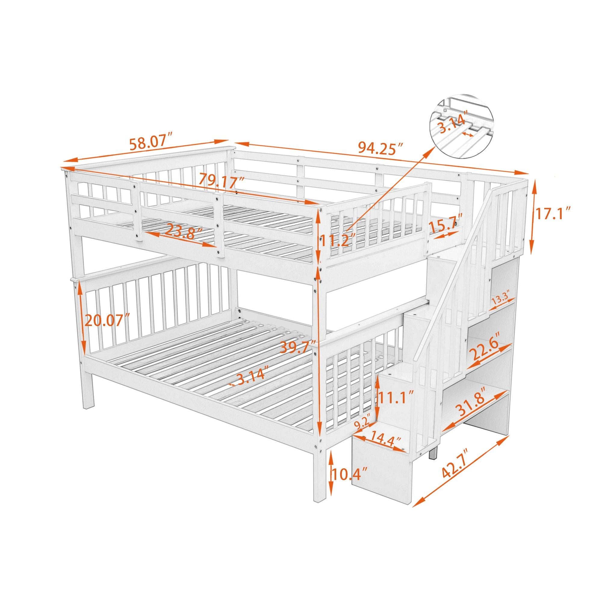 Full over Full Bunk Bed withStorage Staircase and Guard Rail - White