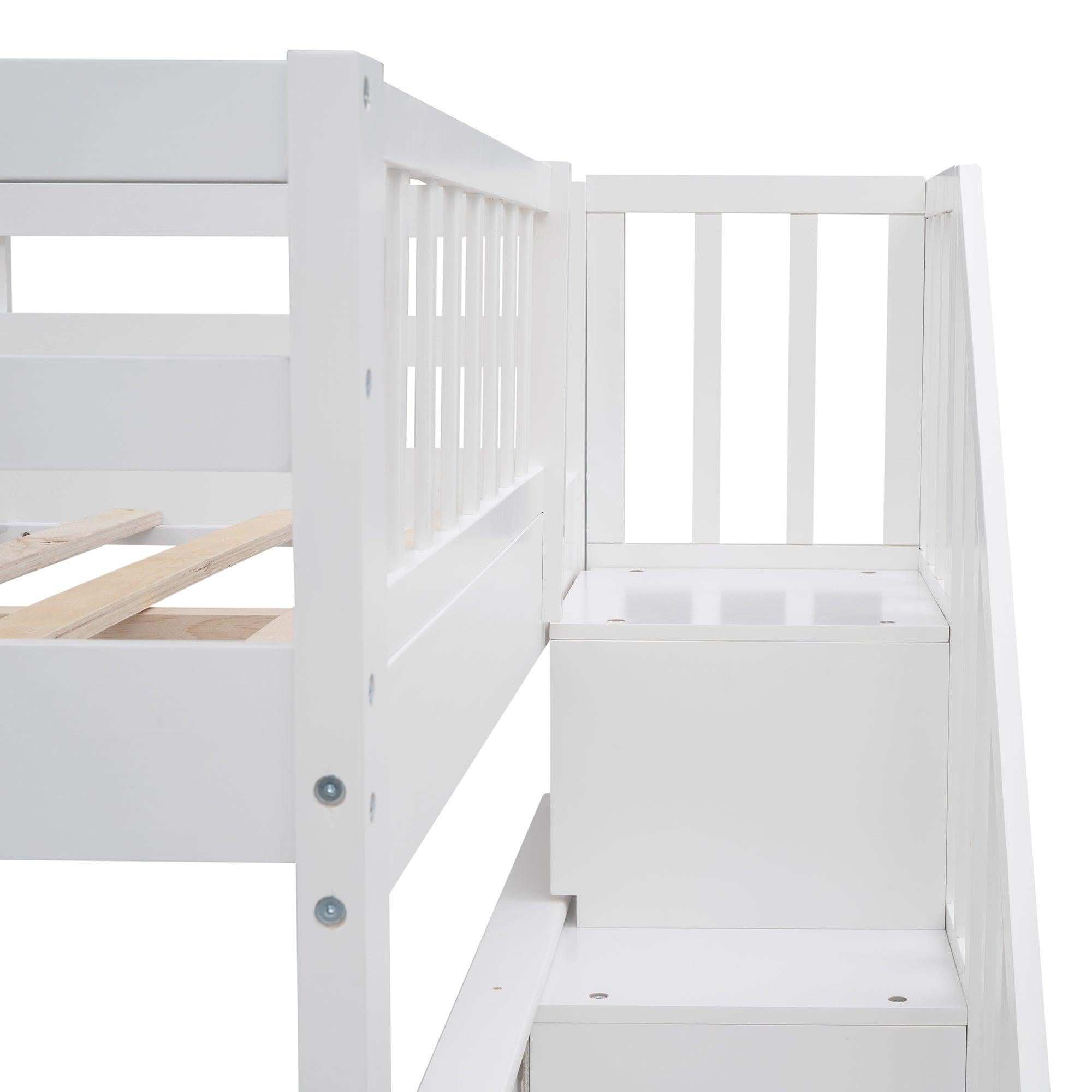 Full over Full Bunk Bed withStorage Staircase and Guard Rail - White