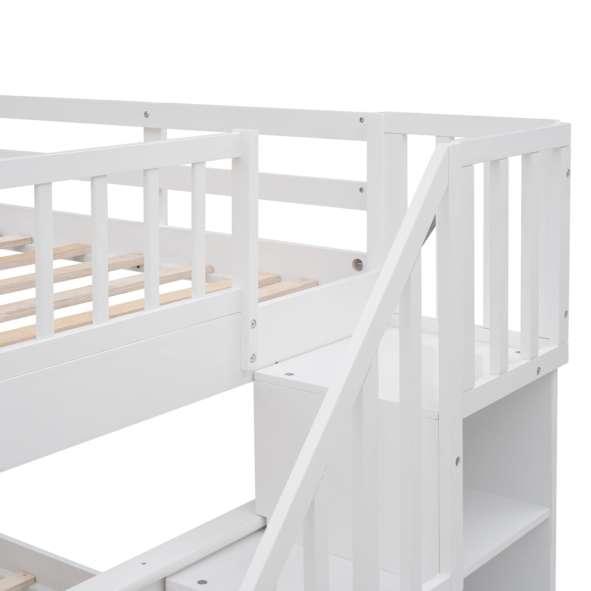 Full over Full Bunk Bed withStorage Staircase and Guard Rail - White