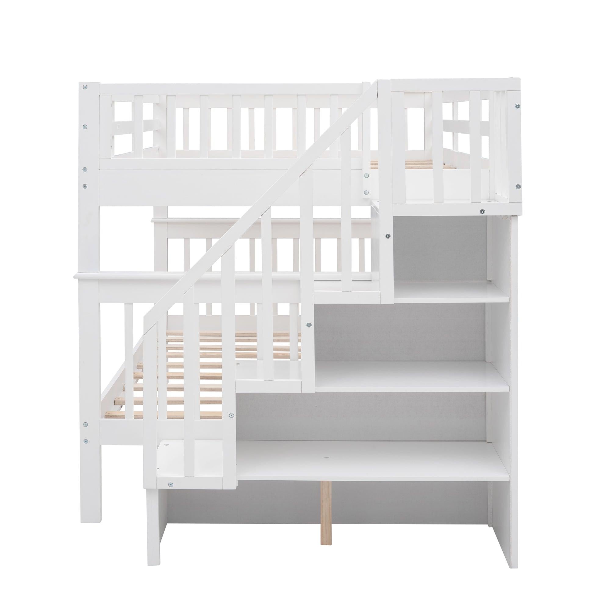 Full over Full Bunk Bed withStorage Staircase and Guard Rail - White