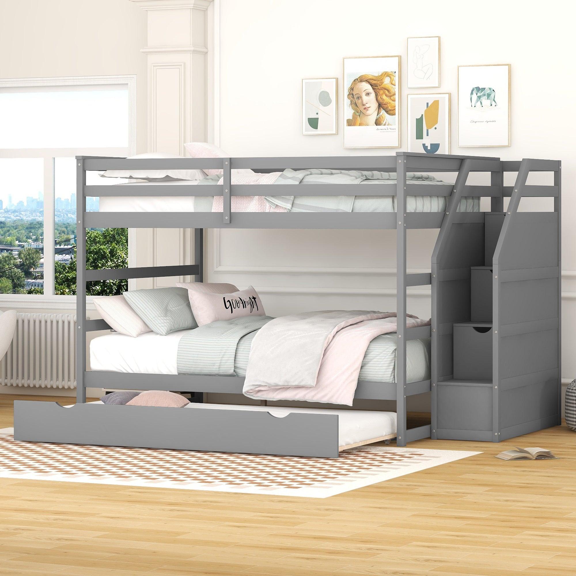 Full over Full Bunk Bed withStorage Staircase and Twin Size Trundle Bed - Gray image