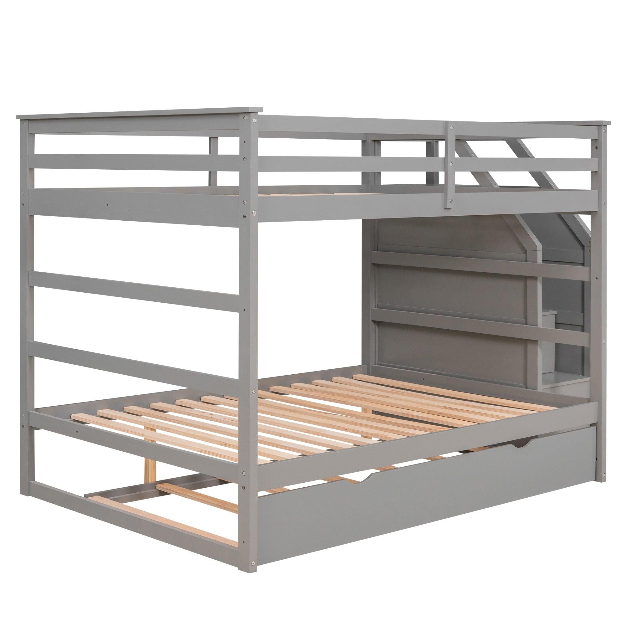 Full over Full Bunk Bed withStorage Staircase and Twin Size Trundle Bed - Gray