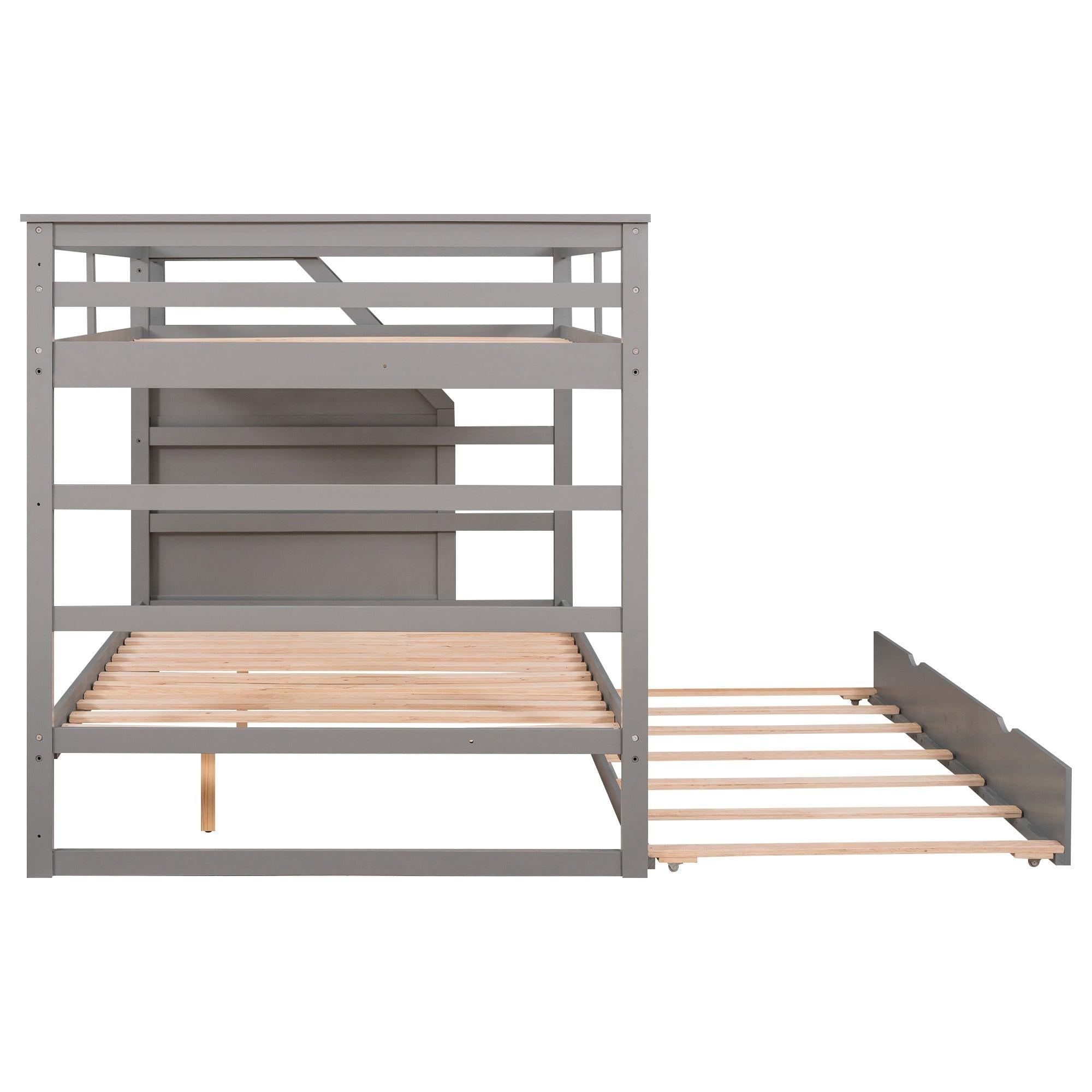 Full over Full Bunk Bed withStorage Staircase and Twin Size Trundle Bed - Gray