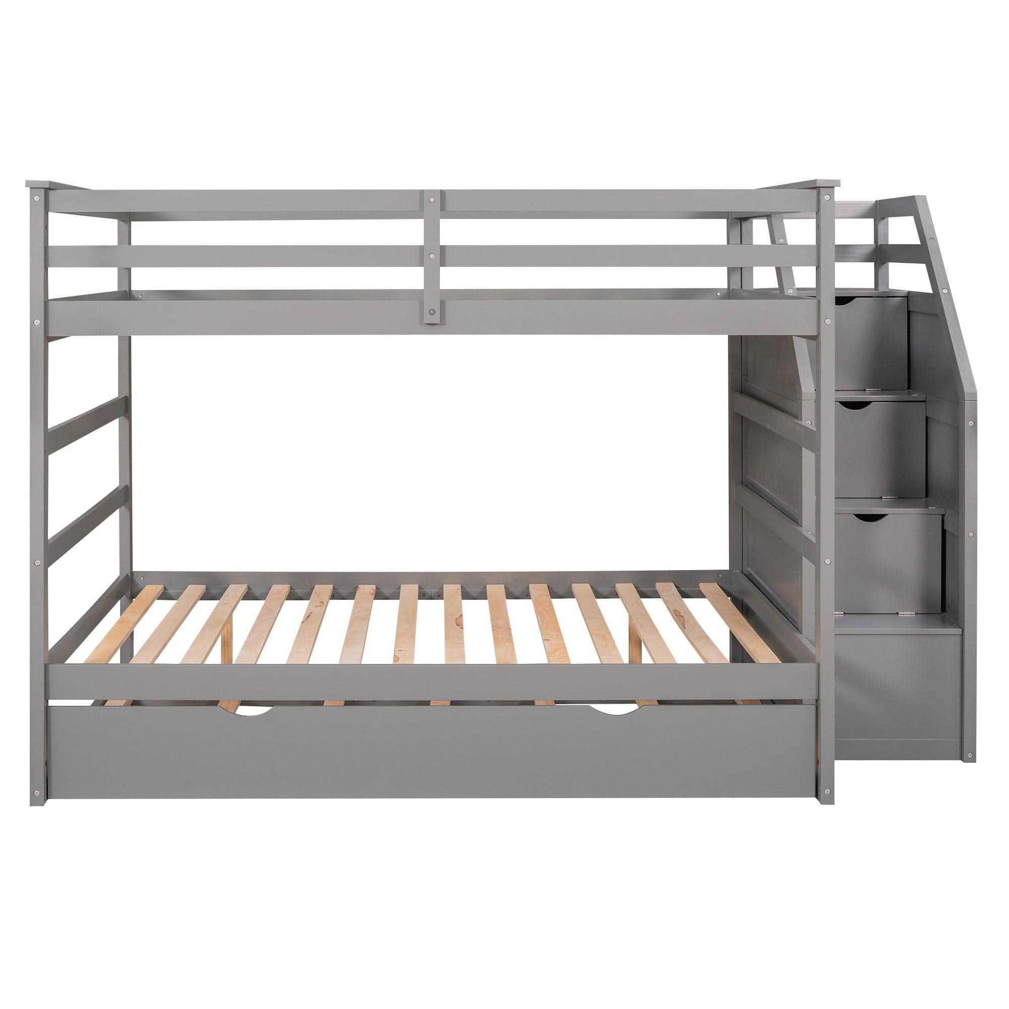 Full over Full Bunk Bed withStorage Staircase and Twin Size Trundle Bed - Gray