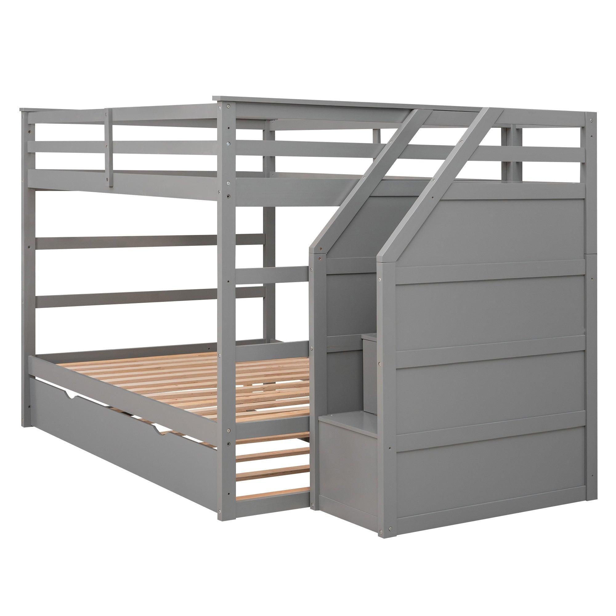 Full over Full Bunk Bed withStorage Staircase and Twin Size Trundle Bed - Gray