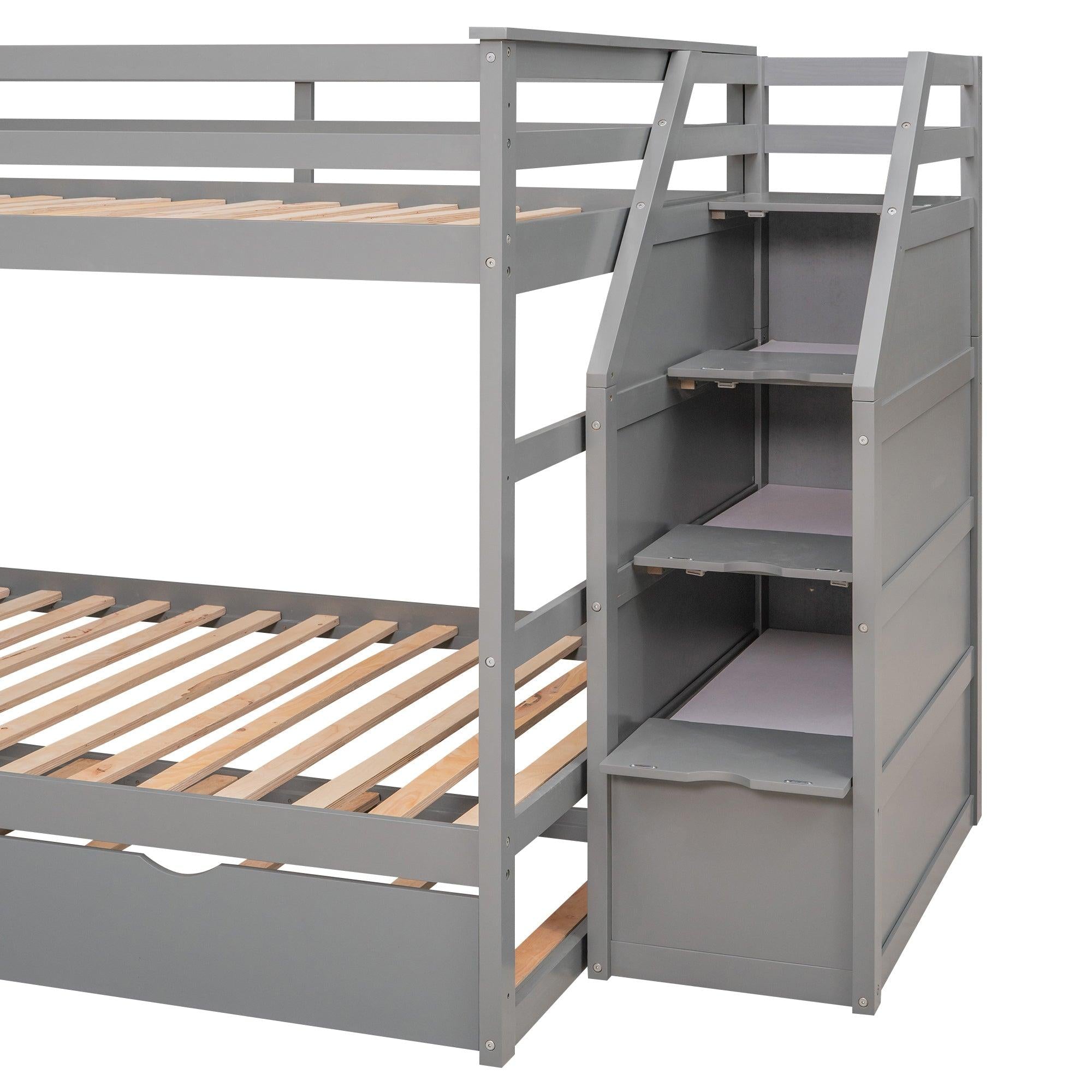 Full over Full Bunk Bed withStorage Staircase and Twin Size Trundle Bed - Gray