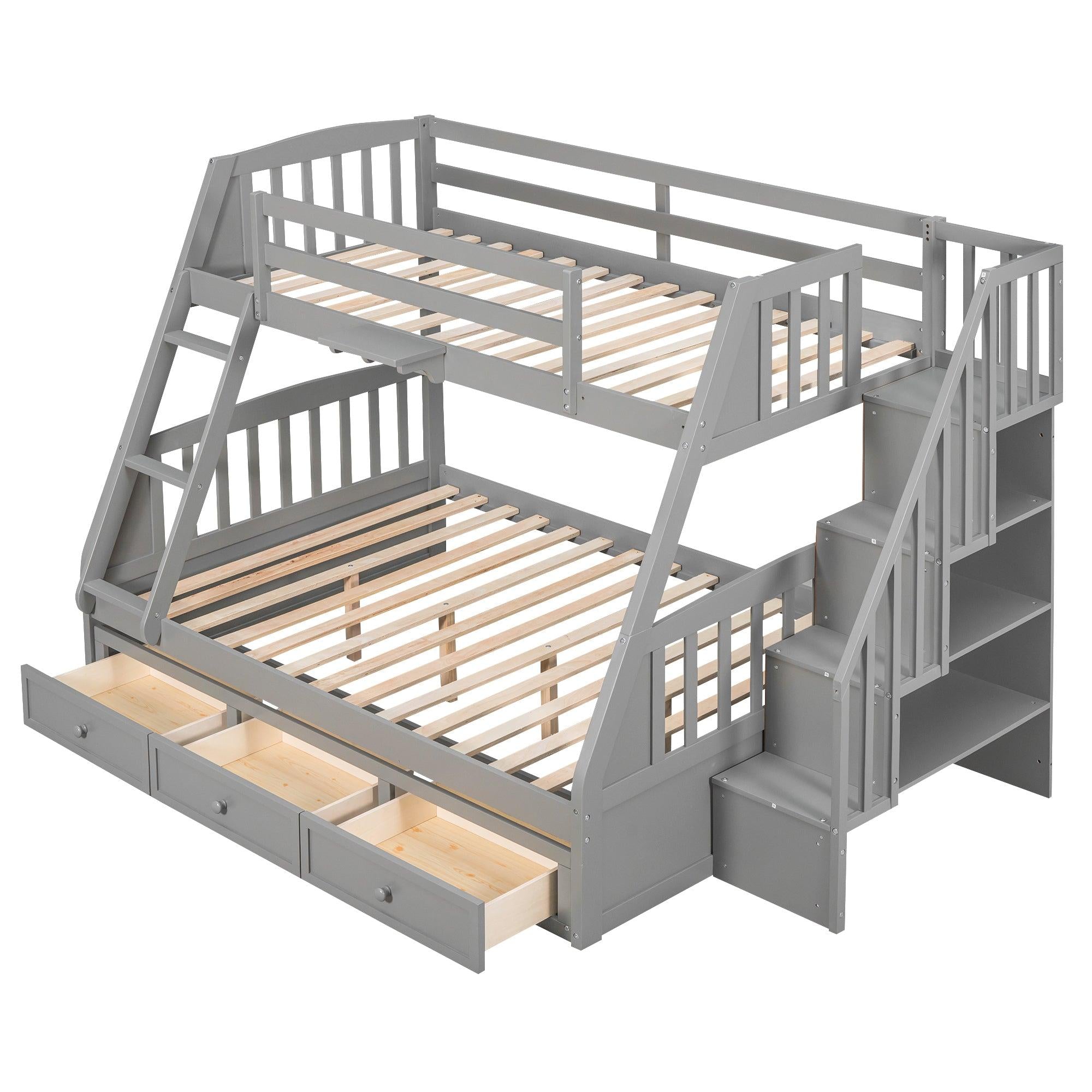 Twin over Full Bunk Bed with Drawers, Ladder andStorage Staircase - Gray