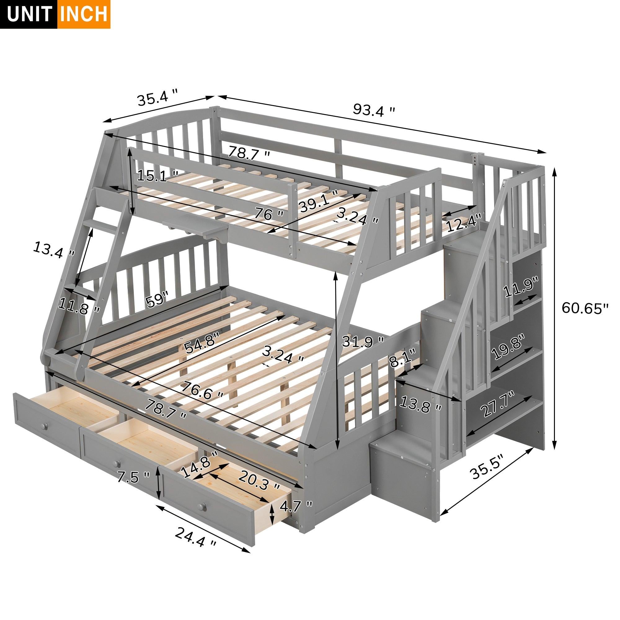 Twin over Full Bunk Bed with Drawers, Ladder andStorage Staircase - Gray