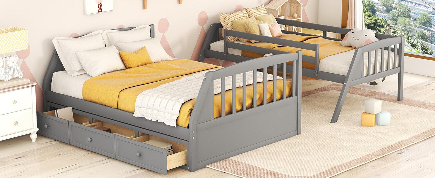 Twin over Full Bunk Bed with Drawers, Ladder andStorage Staircase - Gray