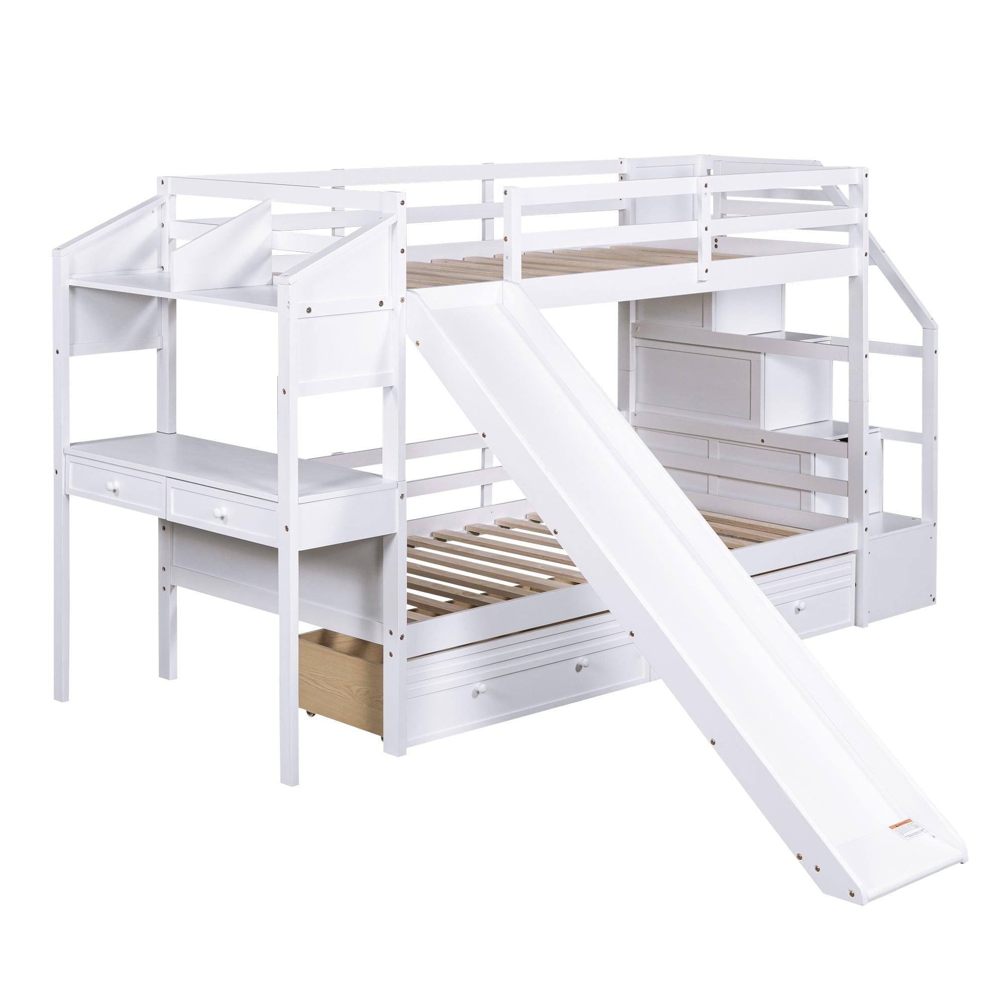 Twin over Twin Bunk Bed withStorage Staircase, Slide, Drawers and Desk with Drawers and Shelves - White