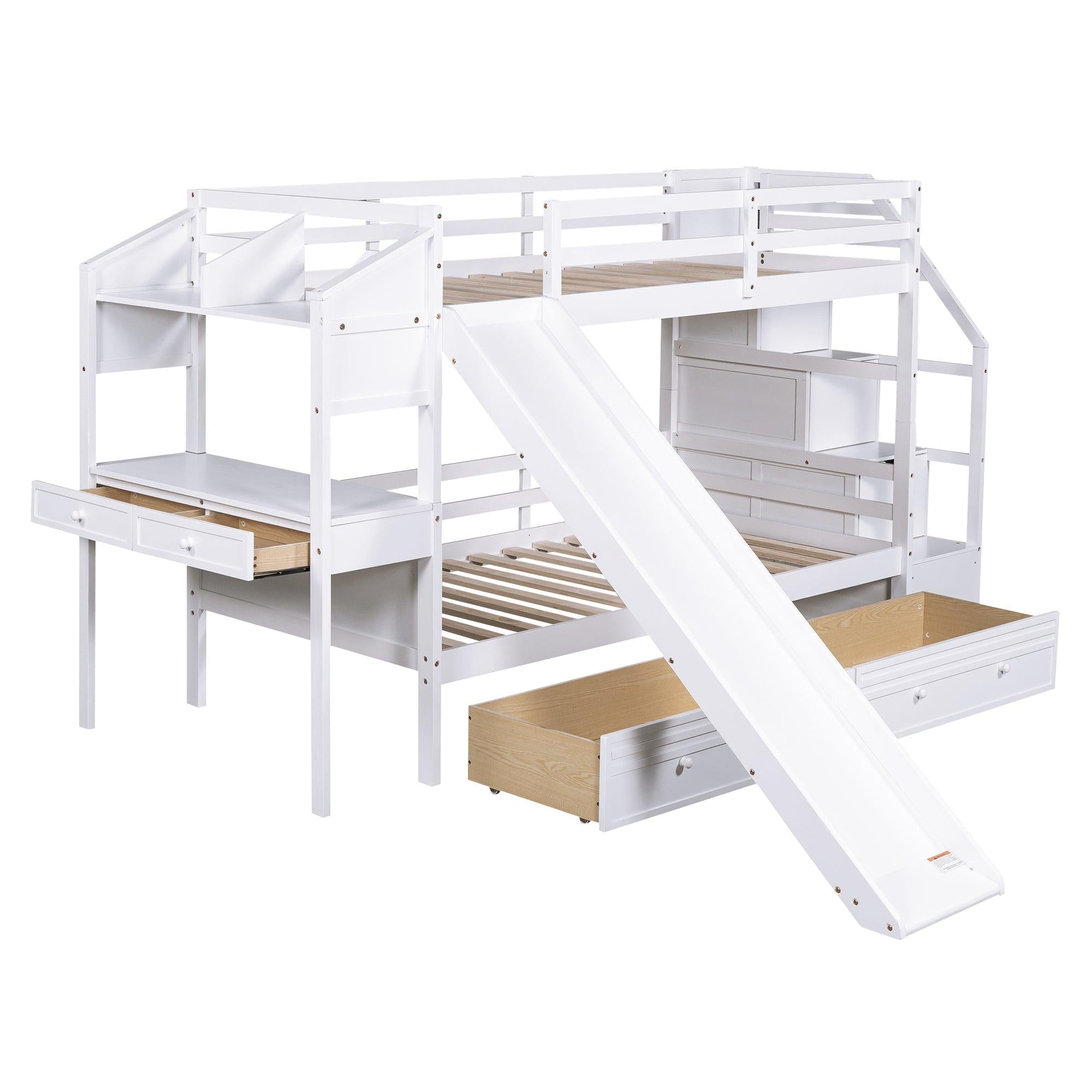 Twin over Twin Bunk Bed withStorage Staircase, Slide, Drawers and Desk with Drawers and Shelves - White