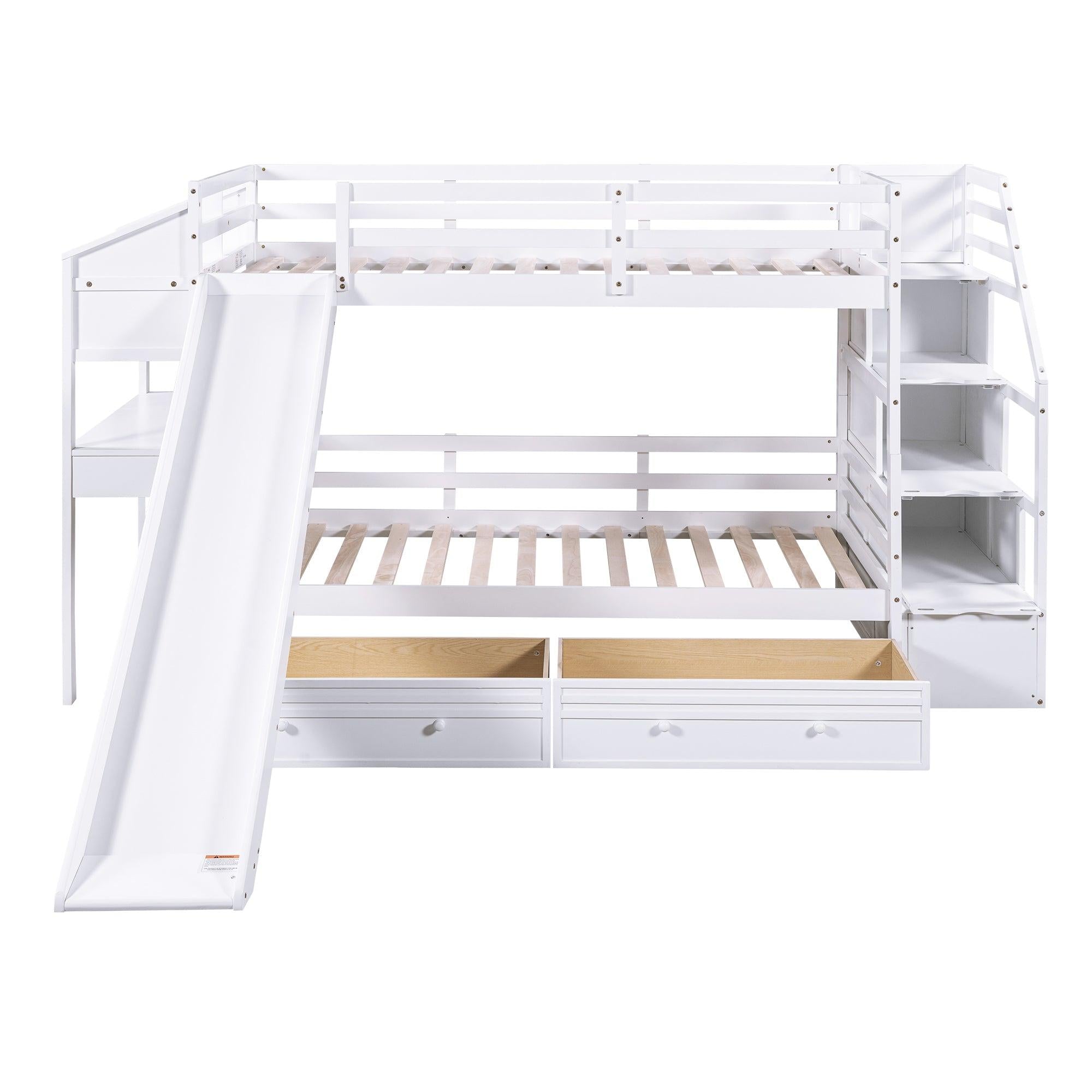 Twin over Twin Bunk Bed withStorage Staircase, Slide, Drawers and Desk with Drawers and Shelves - White