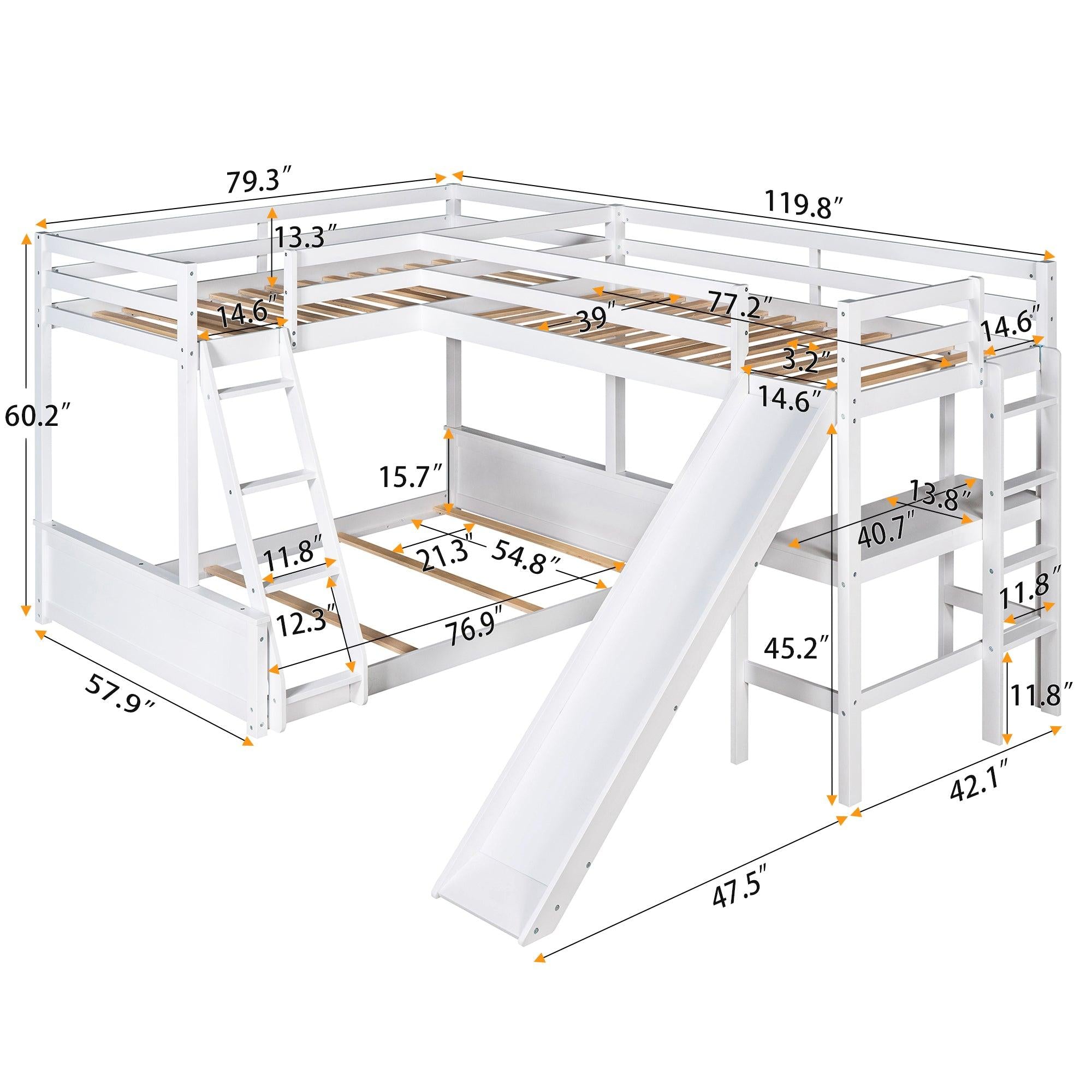 Twin over Full Bunk Bed and Twin Size Loft Bed with Desk, Slide and Guardrail - White