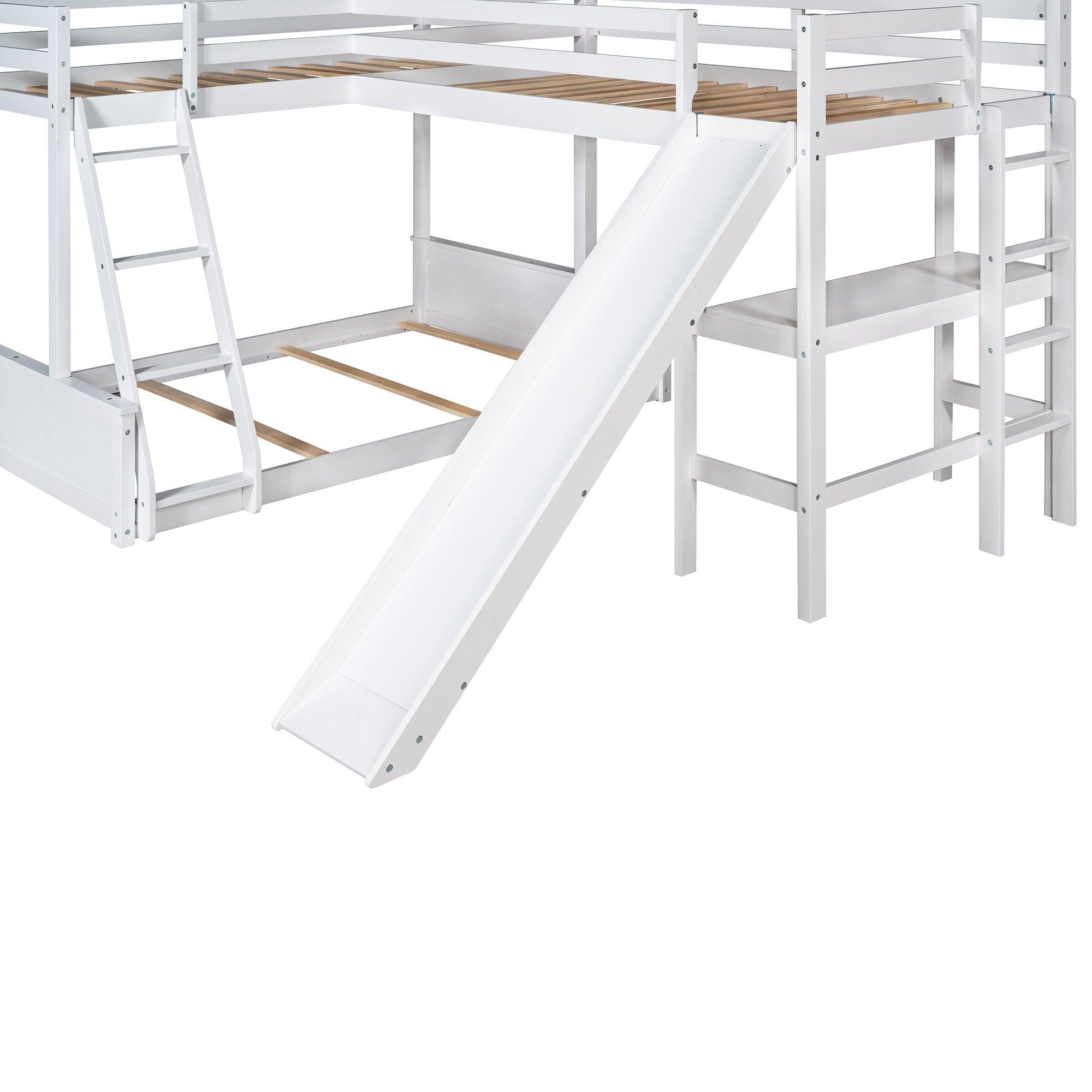 Twin over Full Bunk Bed and Twin Size Loft Bed with Desk, Slide and Guardrail - White