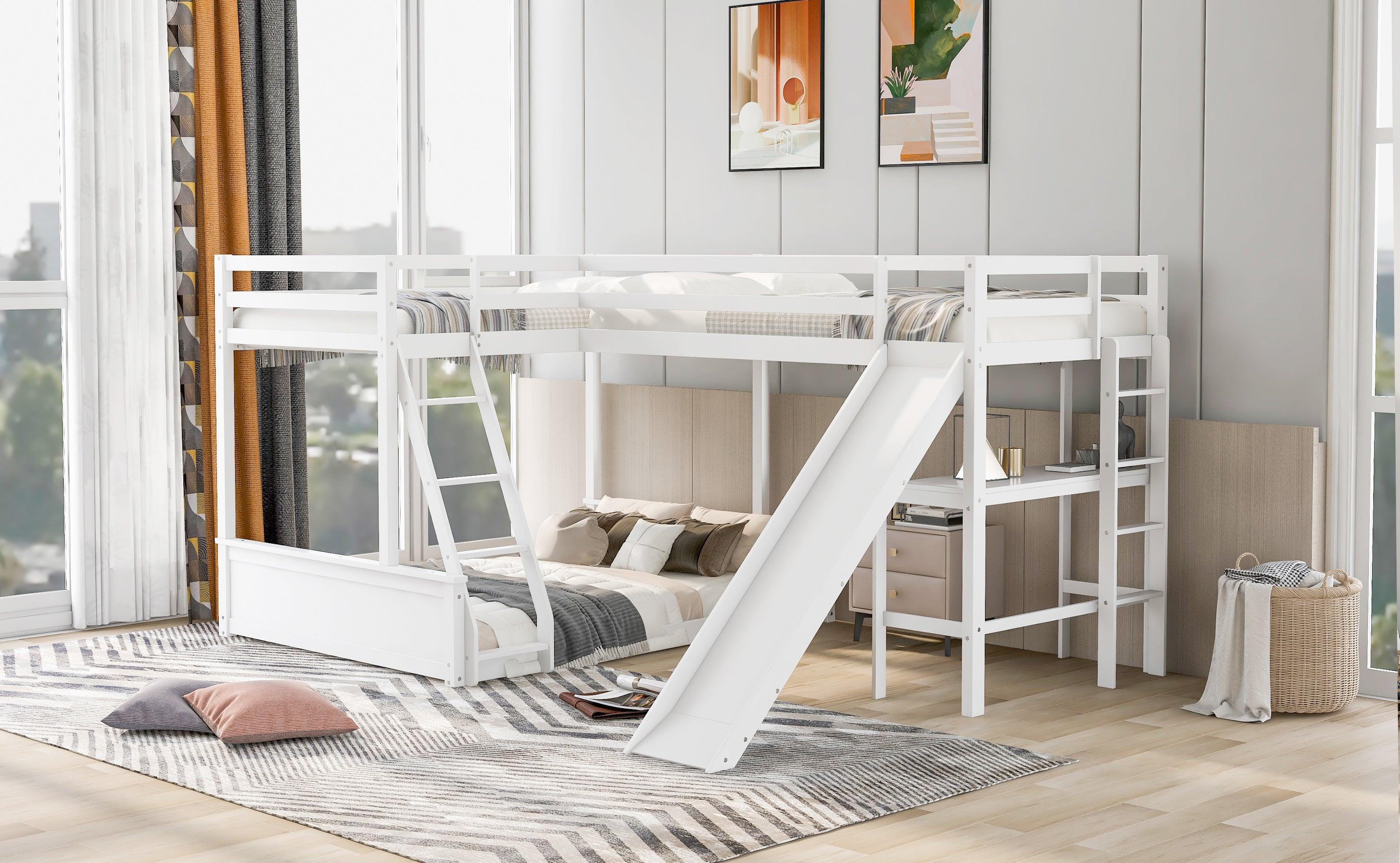 Twin over Full Bunk Bed and Twin Size Loft Bed with Desk, Slide and Guardrail - White