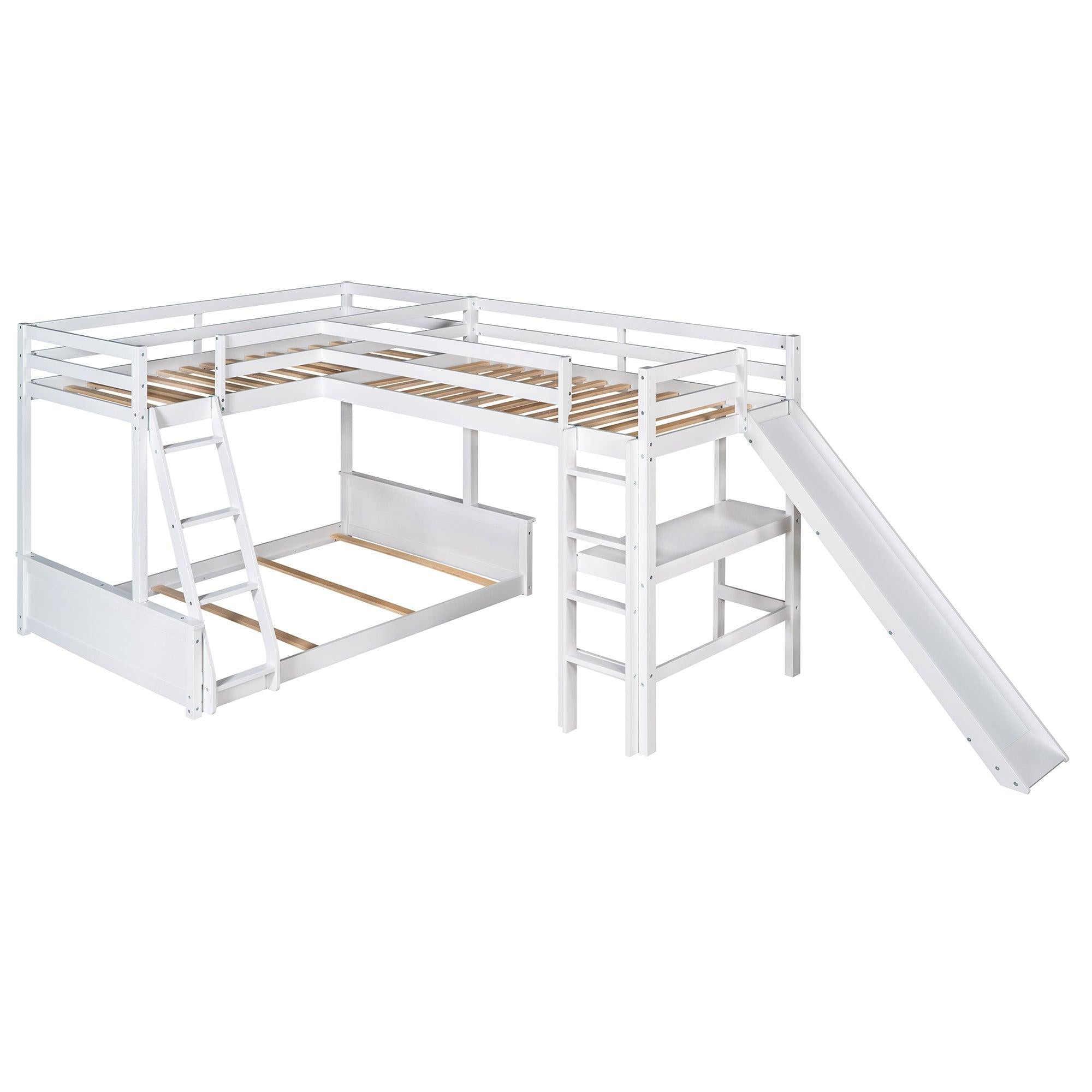 Twin over Full Bunk Bed and Twin Size Loft Bed with Desk, Slide and Guardrail - White