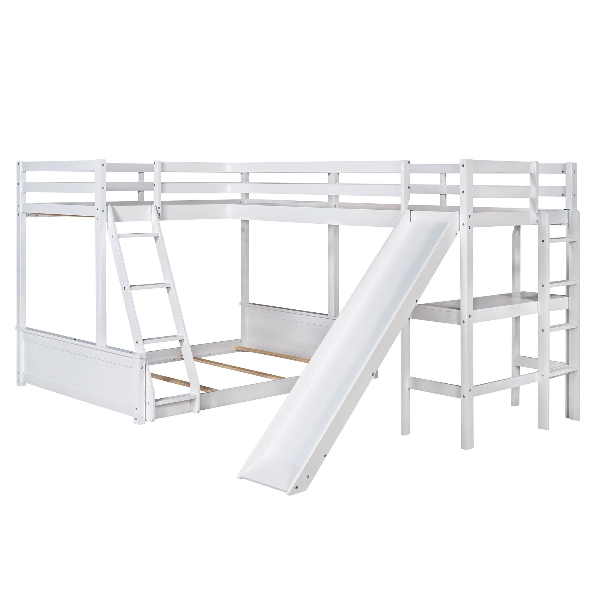 Twin over Full Bunk Bed and Twin Size Loft Bed with Desk, Slide and Guardrail - White