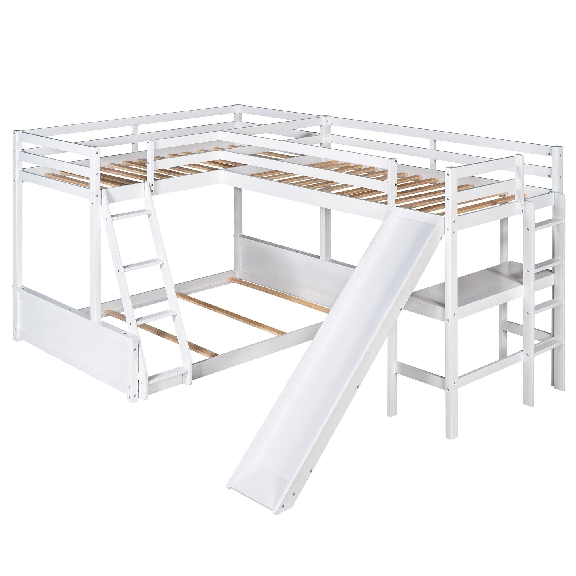 Twin over Full Bunk Bed and Twin Size Loft Bed with Desk, Slide and Guardrail - White