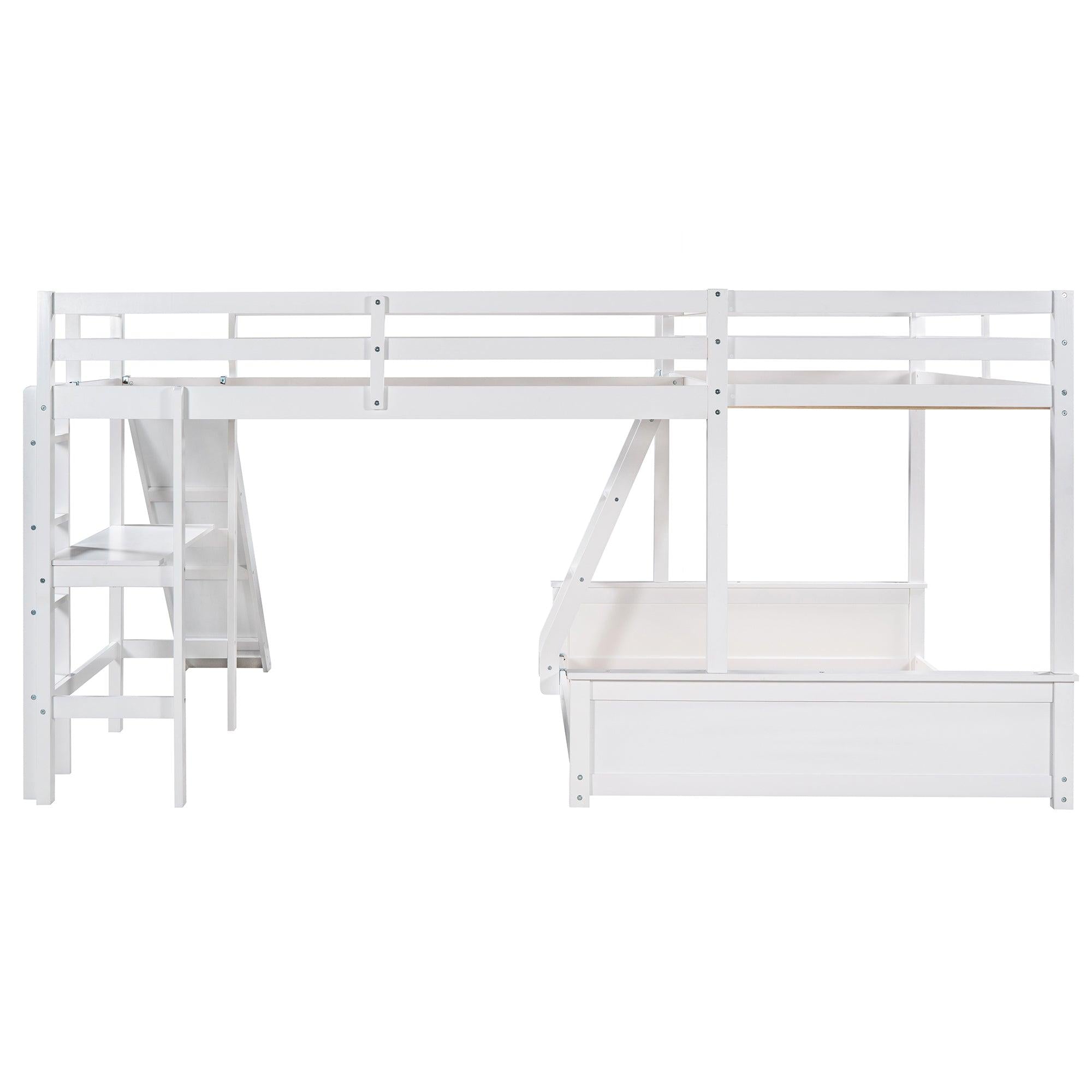 Twin over Full Bunk Bed and Twin Size Loft Bed with Desk, Slide and Guardrail - White