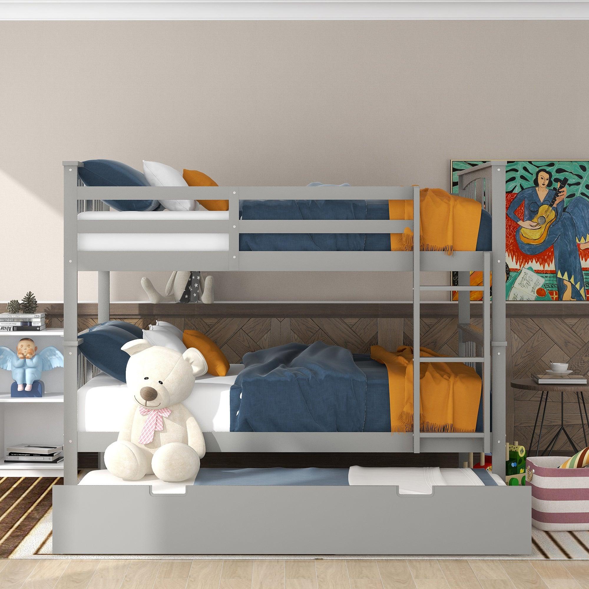 Full over Full Convertible Bunk Bed with Twin Size Trundle and Ladder - Gray