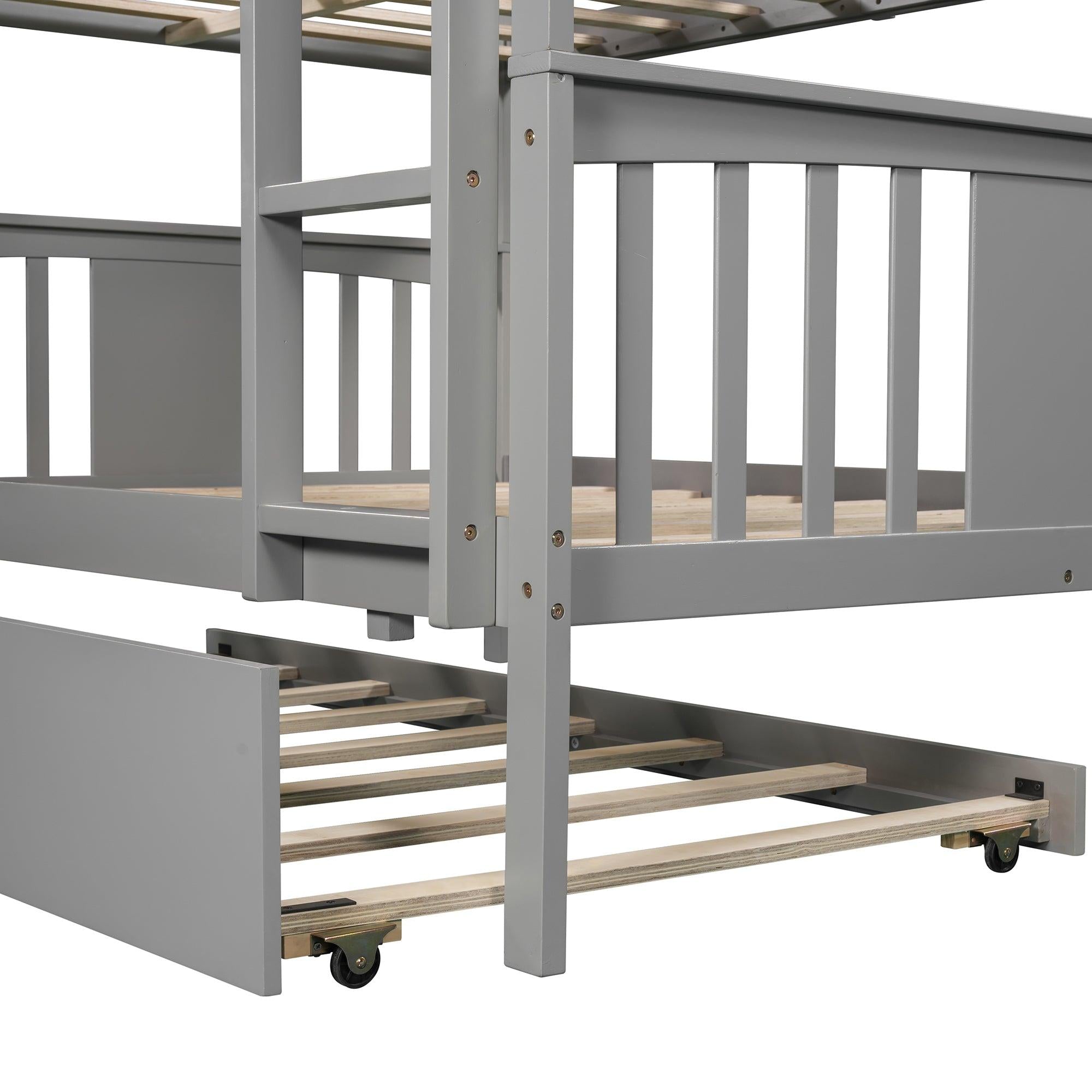 Full over Full Convertible Bunk Bed with Twin Size Trundle and Ladder - Gray